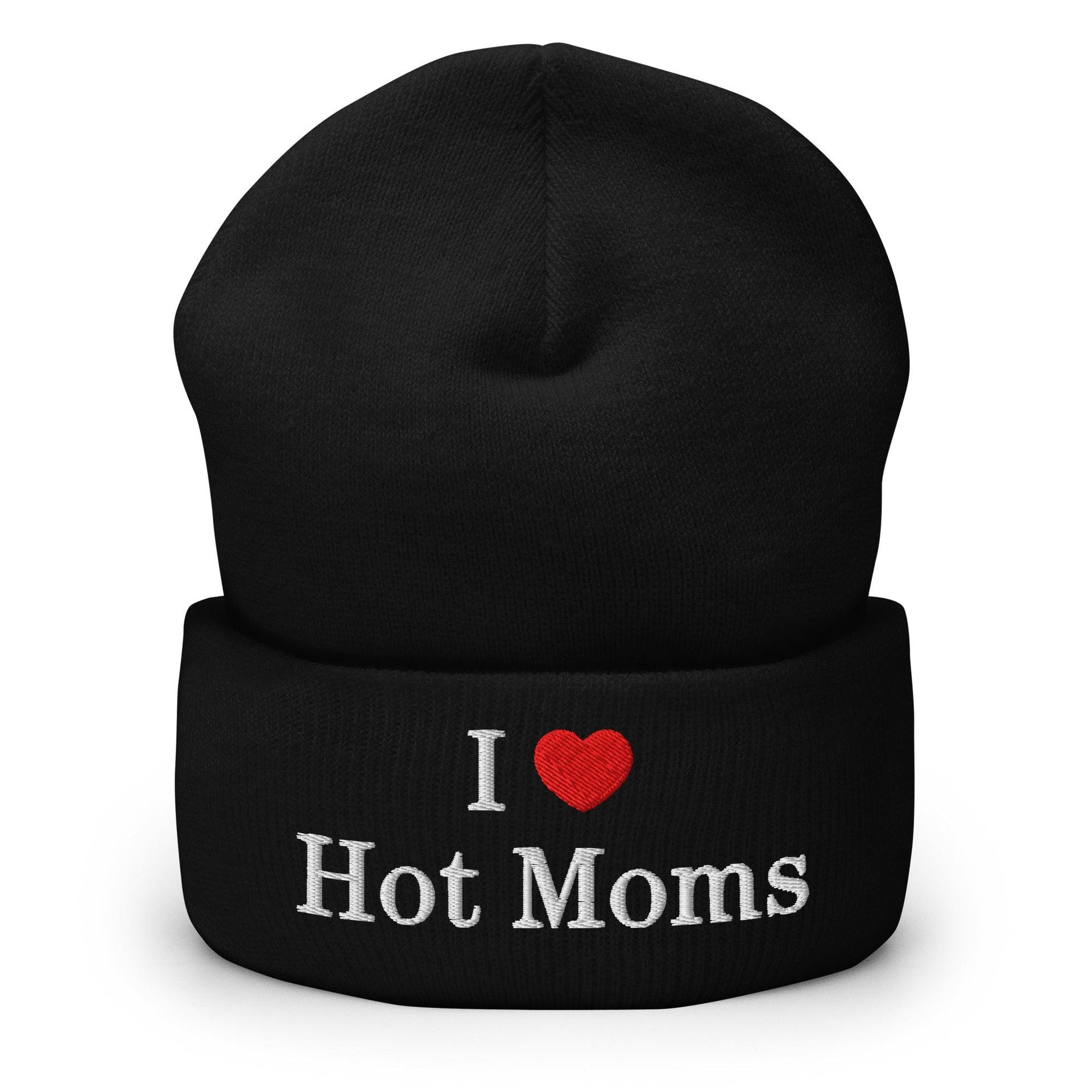 I Love Hot Moms Embroidered Knit Cuffed Beanie Black Beanies Capital Crowns Funny