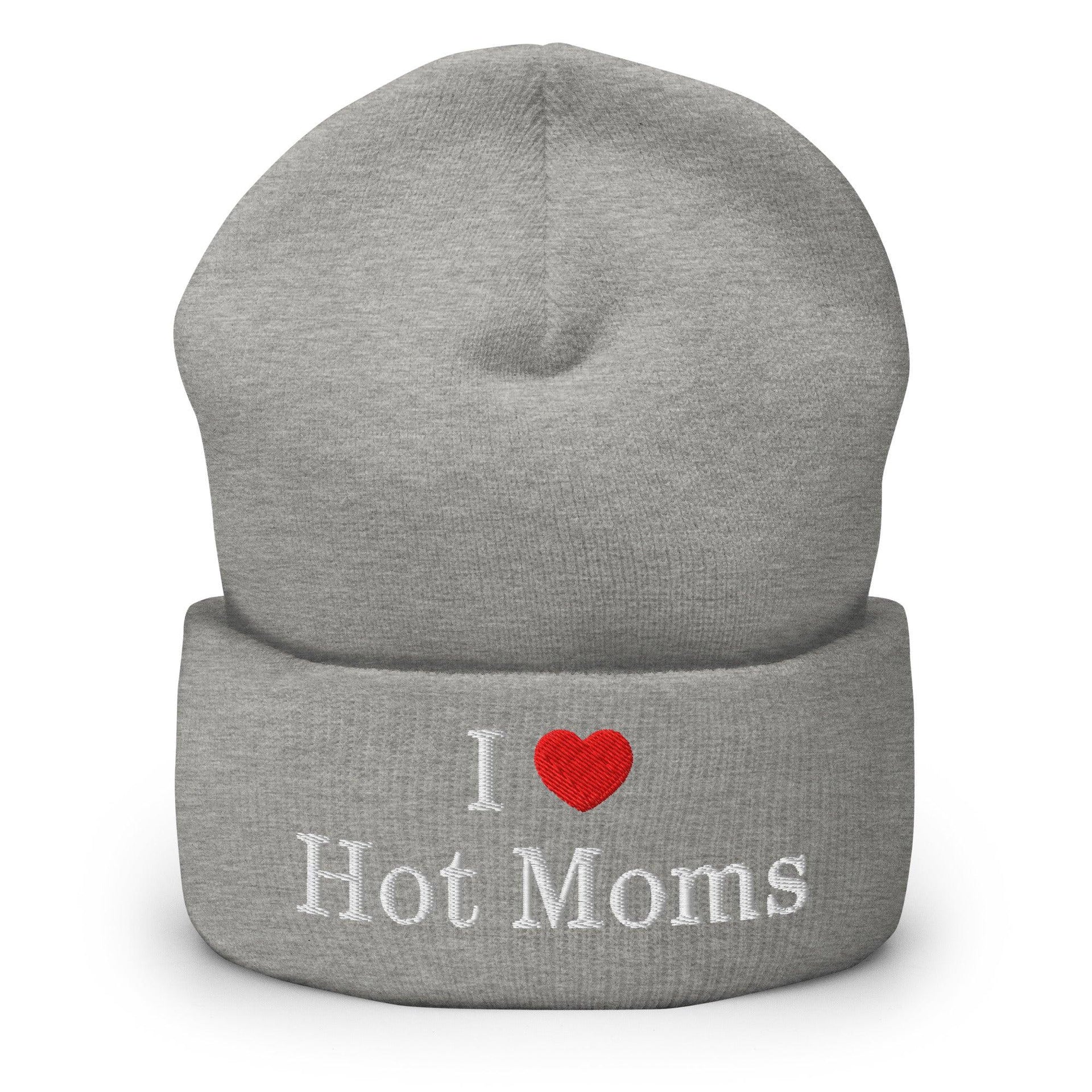 I Love Hot Moms Embroidered Knit Cuffed Beanie Heather Grey Beanies Capital Crowns Funny