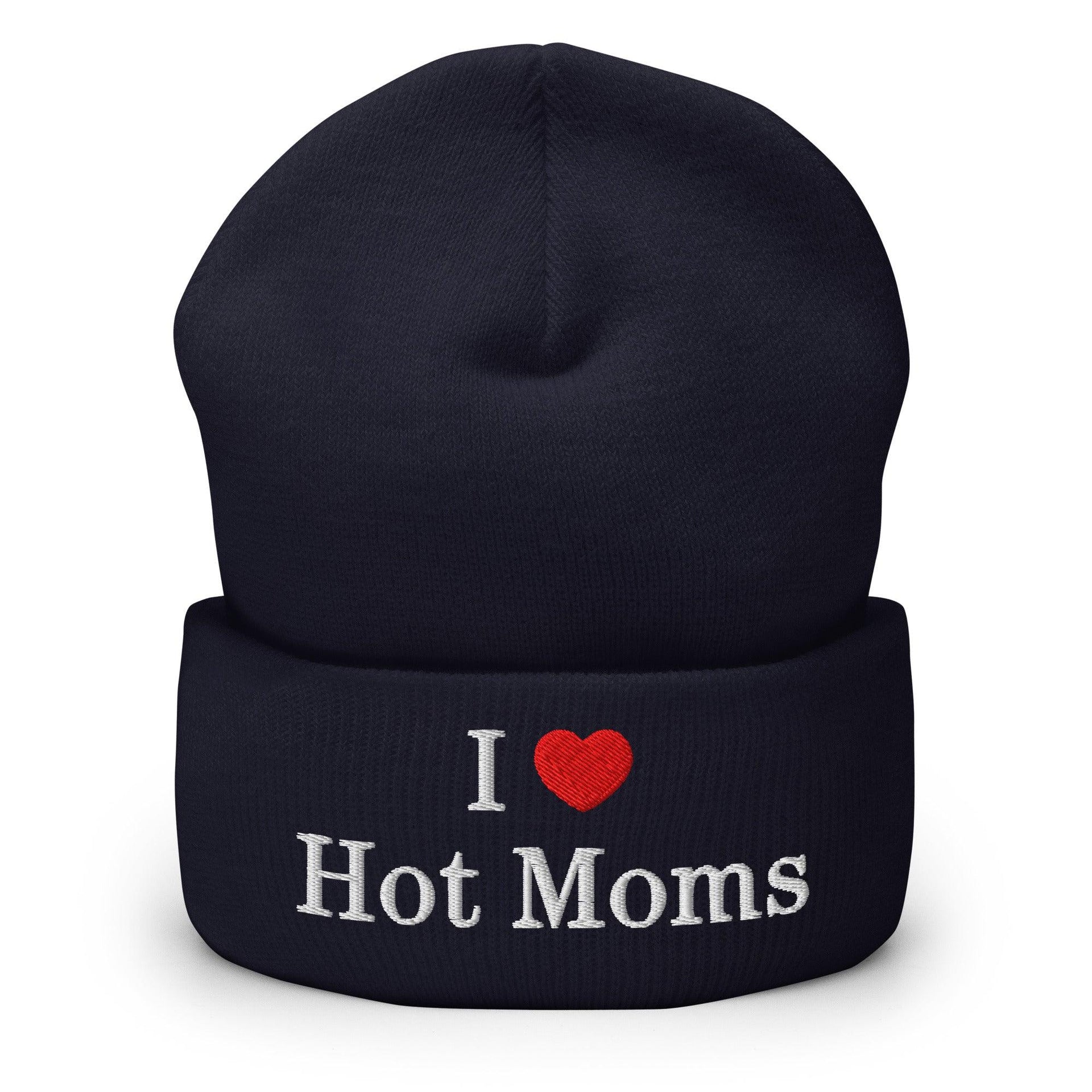 I Love Hot Moms Embroidered Knit Cuffed Beanie Navy Beanies Capital Crowns Funny