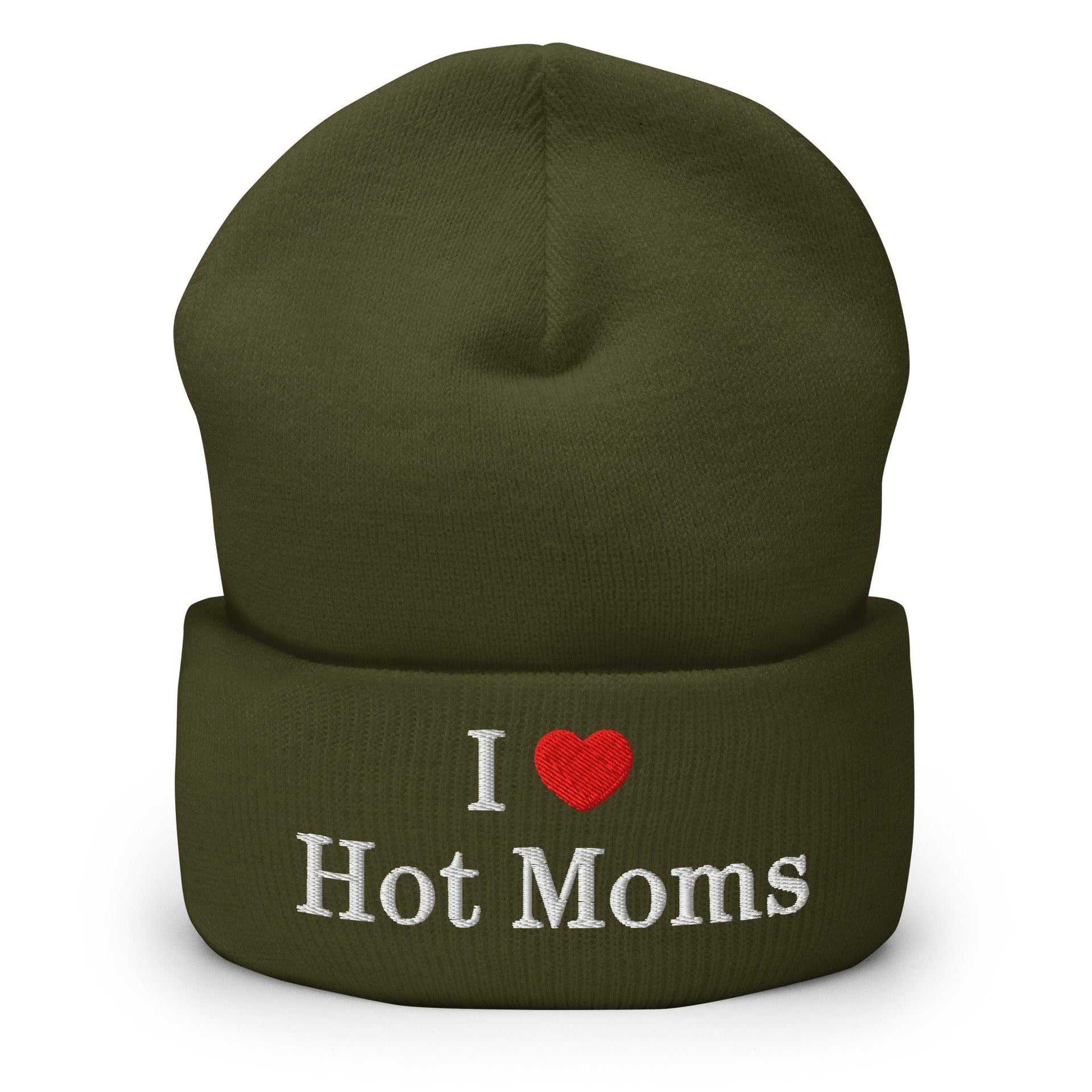 I Love Hot Moms Embroidered Knit Cuffed Beanie Olive Beanies Capital Crowns Funny
