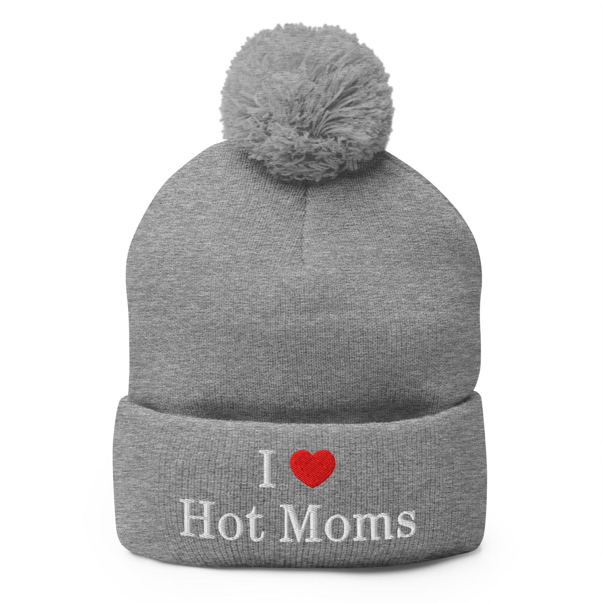 I Love Hot Moms Embroidered Knit Pom Pom Beanie Heather Grey Beanies Capital Crowns Funny