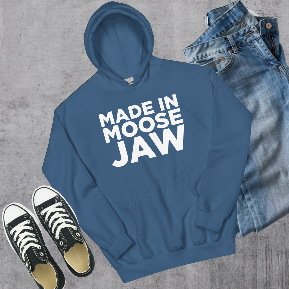 Made in Moose Jaw Hoodie Indigo Blue S Canadian City Apparel