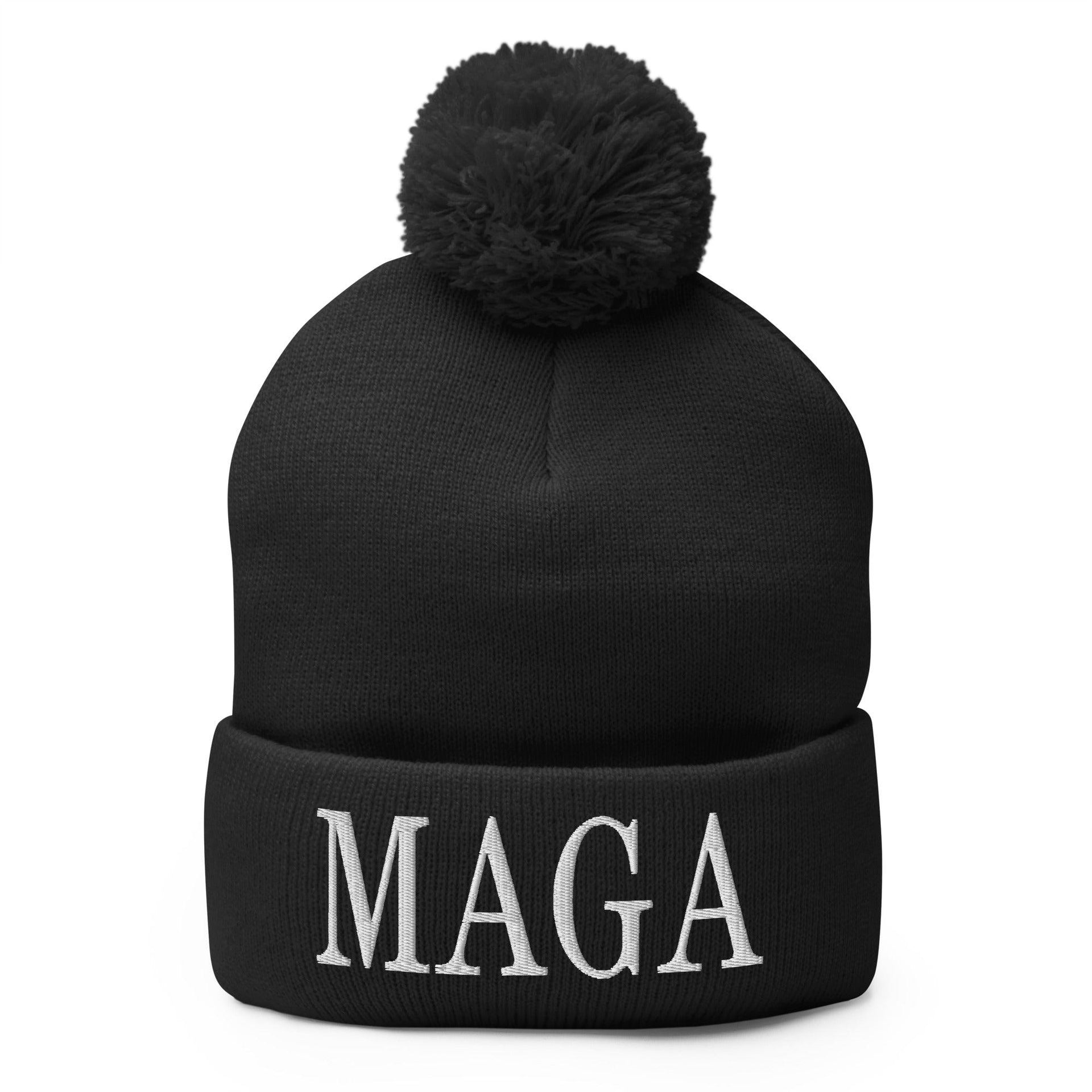 MAGA Make America Great Again Embroidered Knit Pom Pom Beanie Black Beanies Capital Crowns Conservative LADs