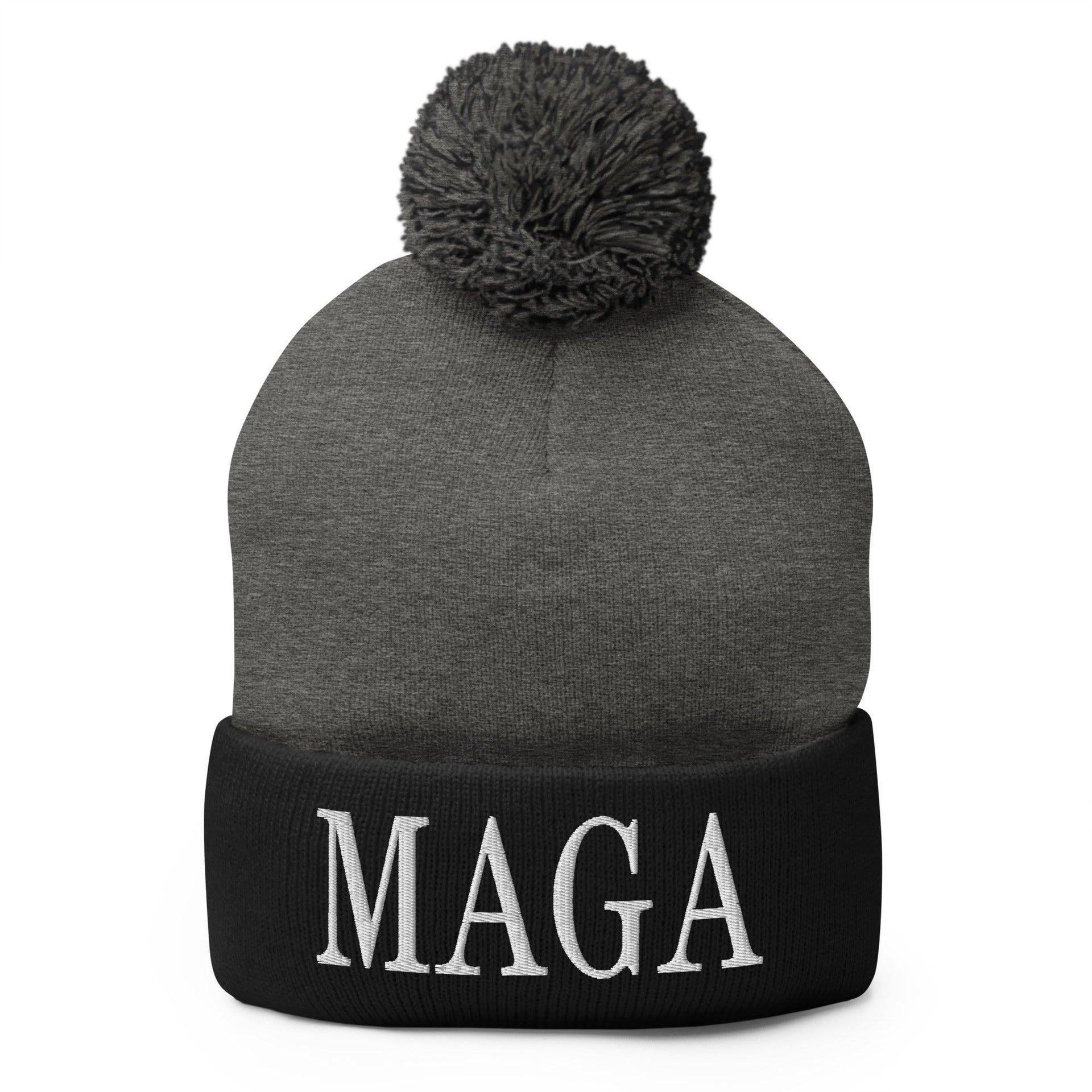 MAGA Make America Great Again Embroidered Knit Pom Pom Beanie Dark Heather Grey Black Beanies Capital Crowns Conservative LADs