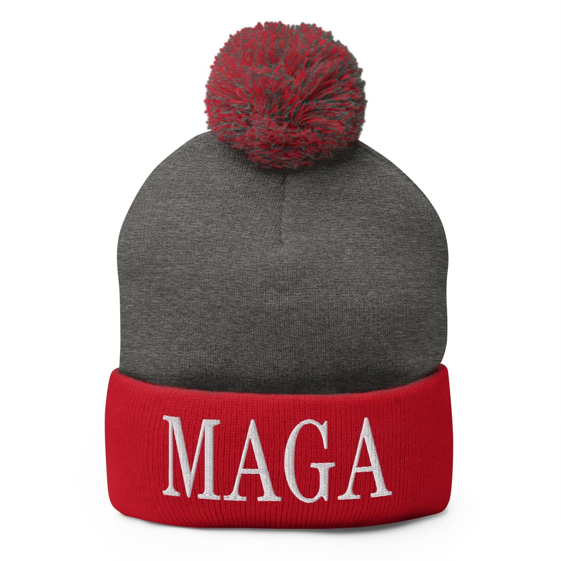 MAGA Make America Great Again Embroidered Knit Pom Pom Beanie Dark Heather Grey Red Beanies Capital Crowns Conservative LADs