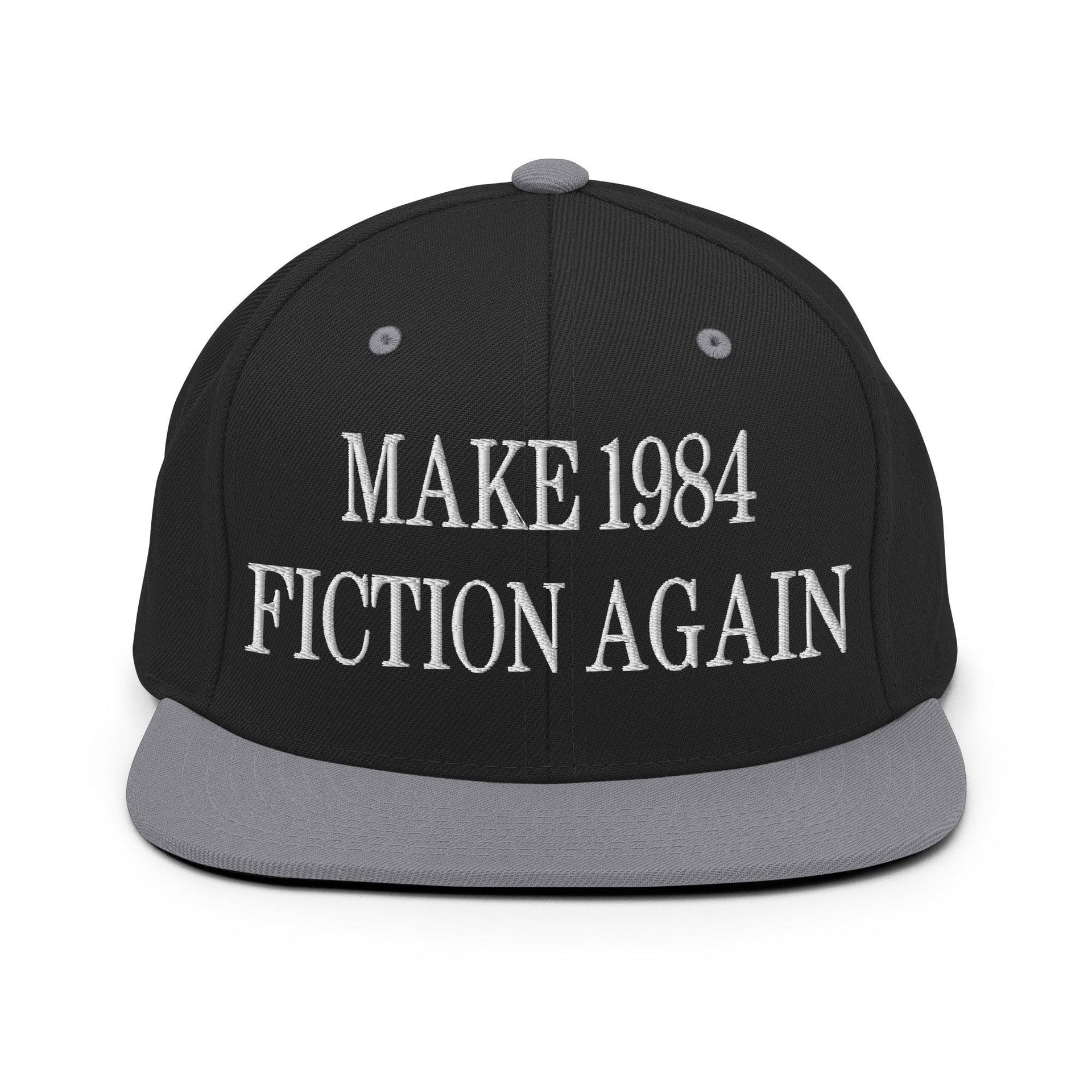 Make 1984 Fiction Again Embroidered Flat Bill Brim Snapback Hat Black Silver Capital Crowns Make Again