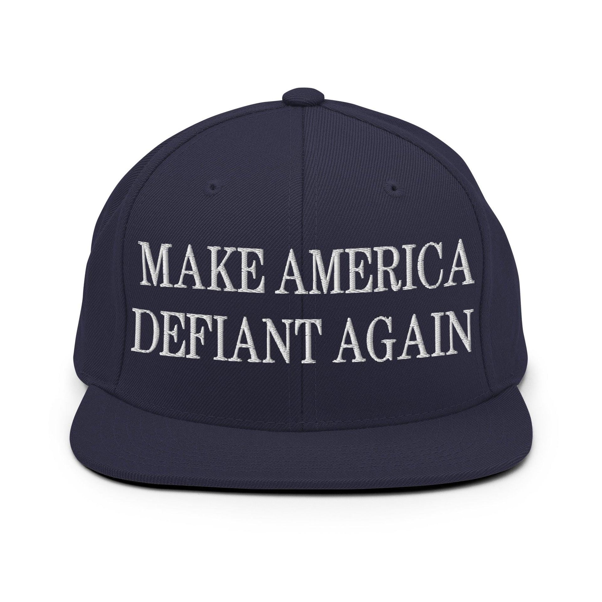 Make America Defiant Again Embroidered Flat Bill Brim Snapback Hat Navy Capital Crowns LADs Make Again Snapback Hats