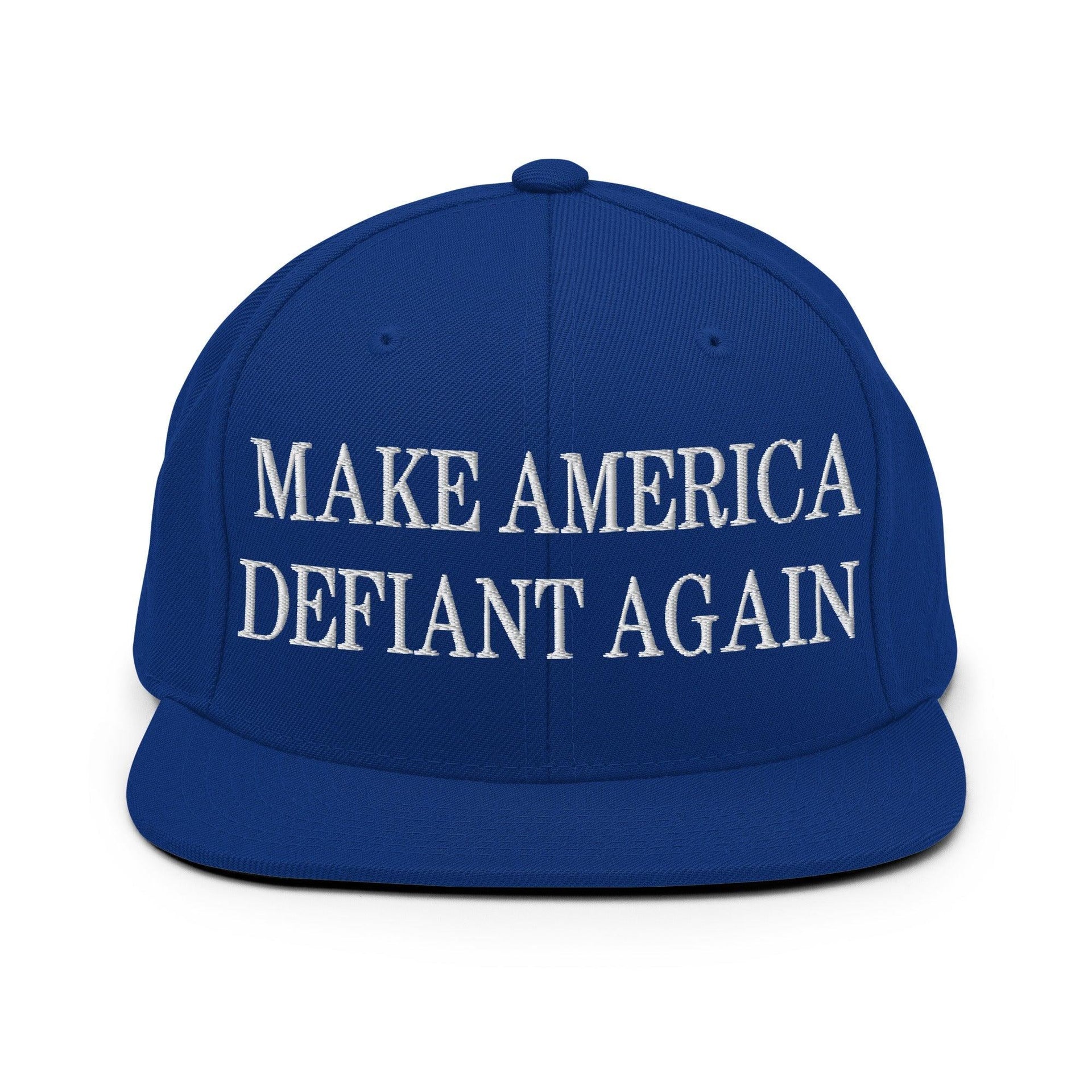 Make America Defiant Again Embroidered Flat Bill Brim Snapback Hat Royal Blue Capital Crowns LADs Make Again Snapback Hats