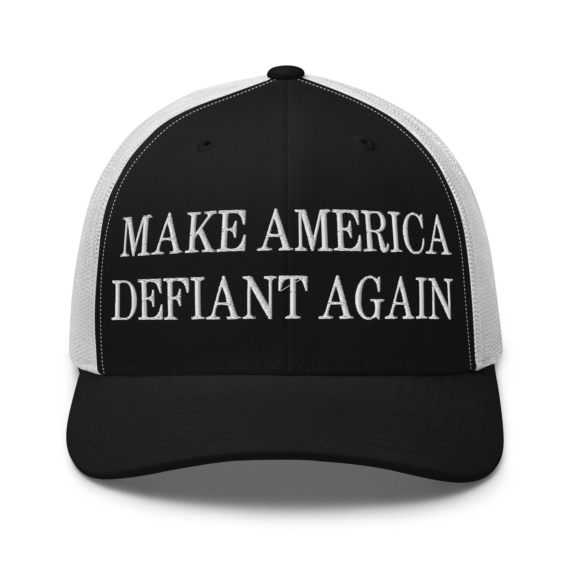 Make America Defiant Again Embroidered Mesh Trucker Hat Black White Capital Crowns LADs Make Again Trucker Hats