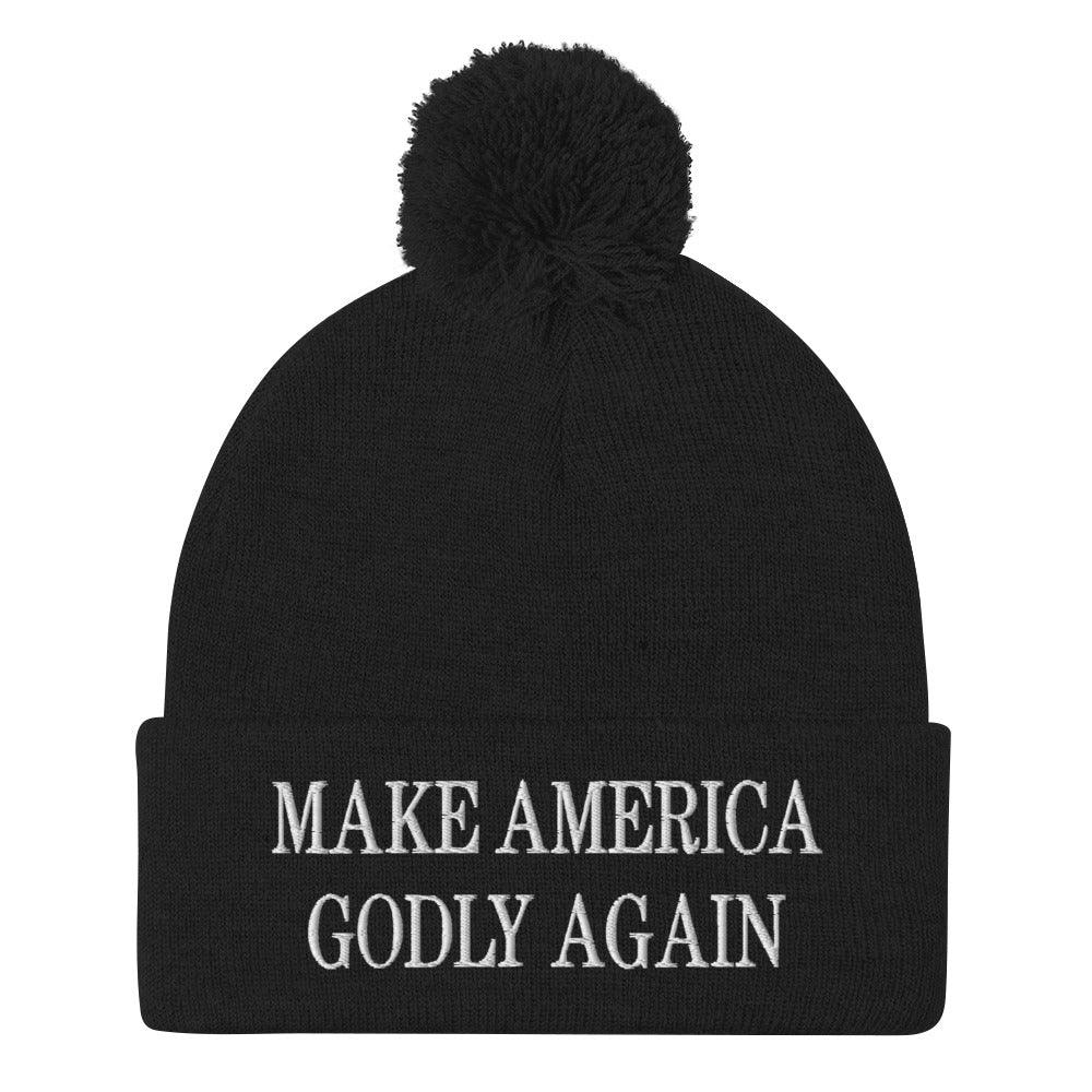 Make America Godly Again Embroidered Knit Pom Pom Beanie Black Beanies Capital Crowns LADs Make Again