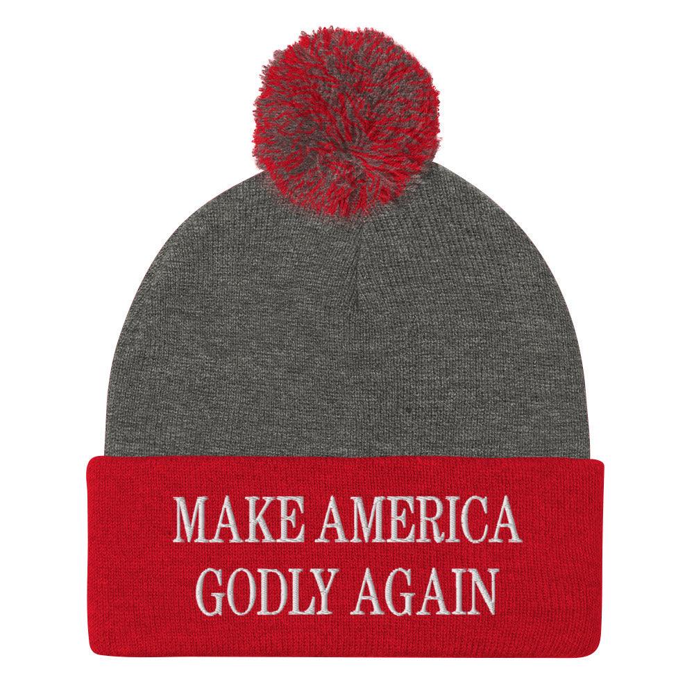 Make America Godly Again Embroidered Knit Pom Pom Beanie Dark Heather Grey Red Beanies Capital Crowns LADs Make Again