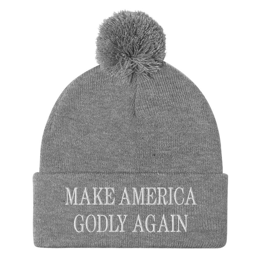 Make America Godly Again Embroidered Knit Pom Pom Beanie Heather Grey Beanies Capital Crowns LADs Make Again