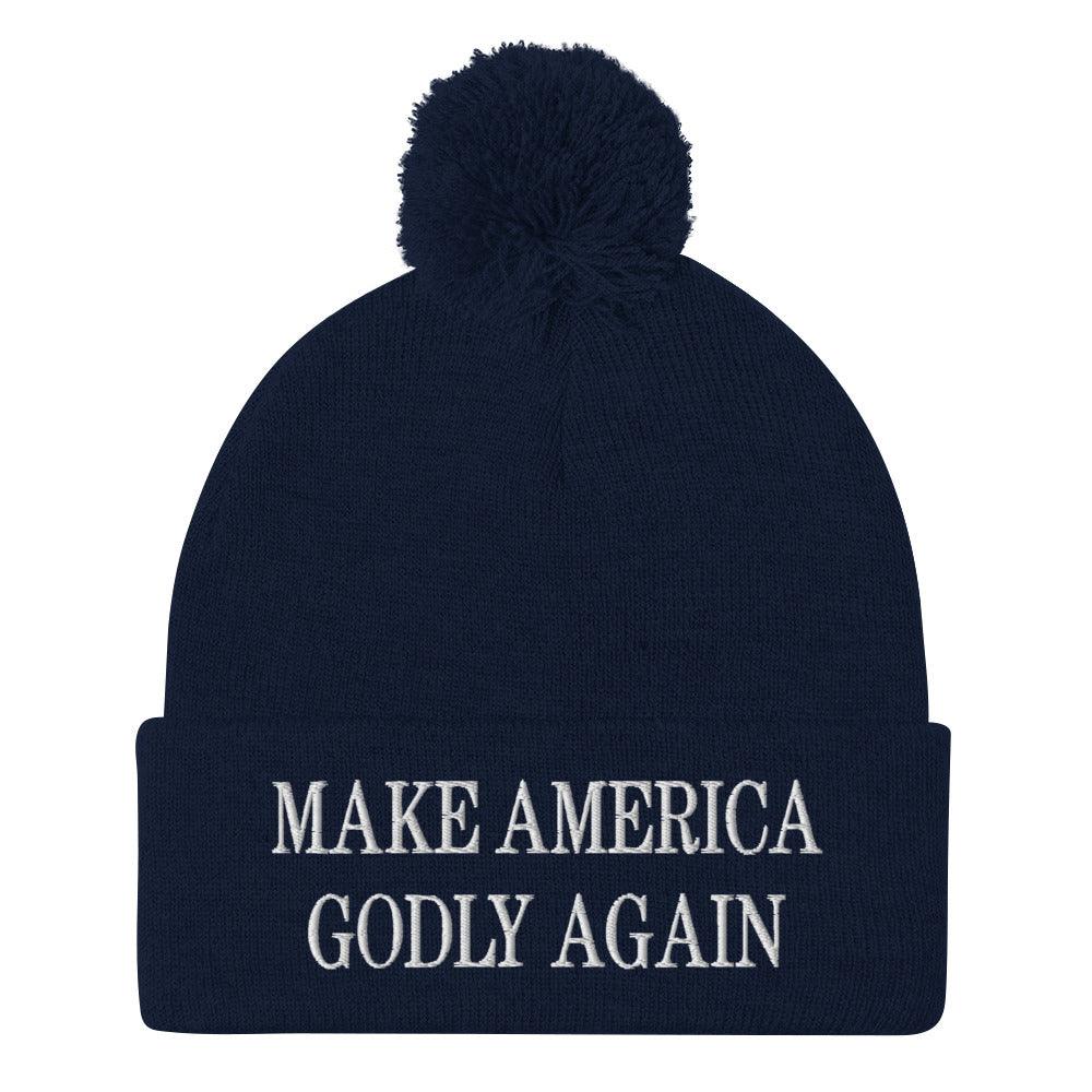 Make America Godly Again Embroidered Knit Pom Pom Beanie Navy Beanies Capital Crowns LADs Make Again