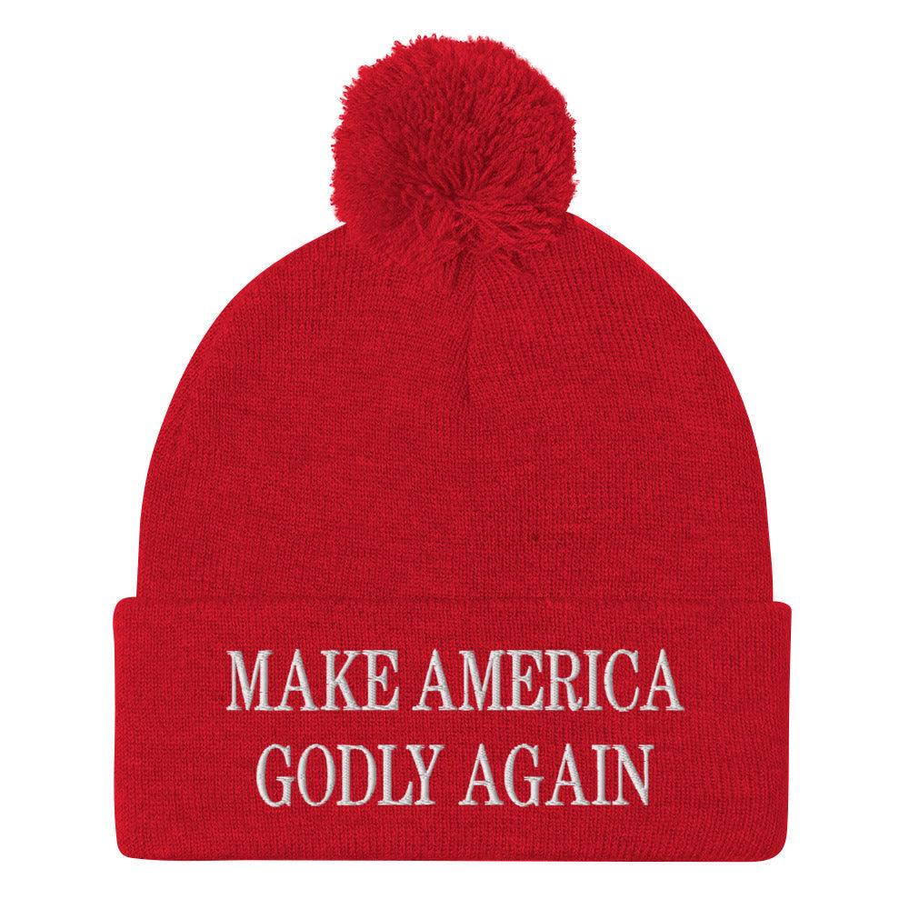 Make America Godly Again Embroidered Knit Pom Pom Beanie Red Beanies Capital Crowns LADs Make Again