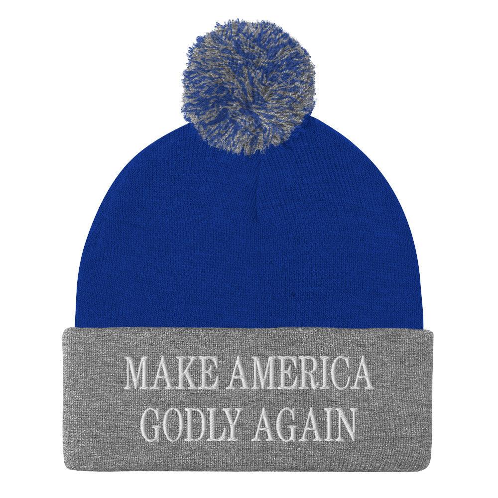 Make America Godly Again Embroidered Knit Pom Pom Beanie Royal Heather Grey Beanies Capital Crowns LADs Make Again