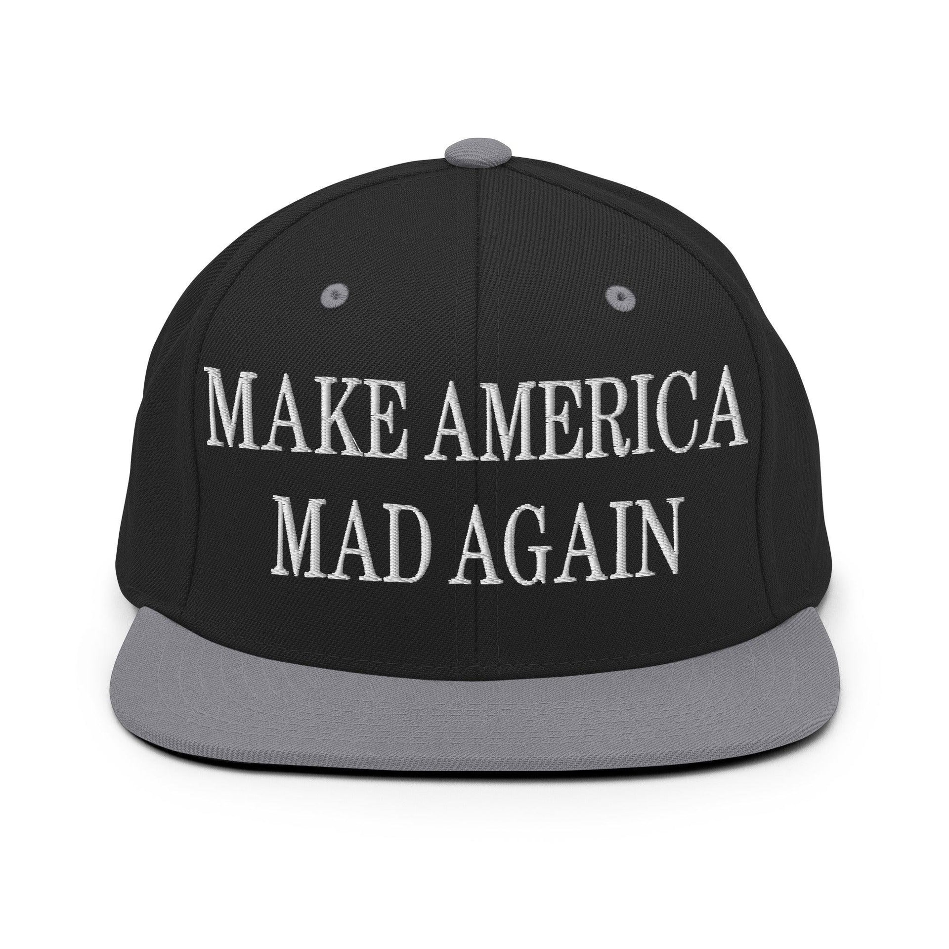 Make America Mad Again Embroidered Flat Bill Brim Snapback Hat Black Silver Capital Crowns LADs Make Again Snapback Hats