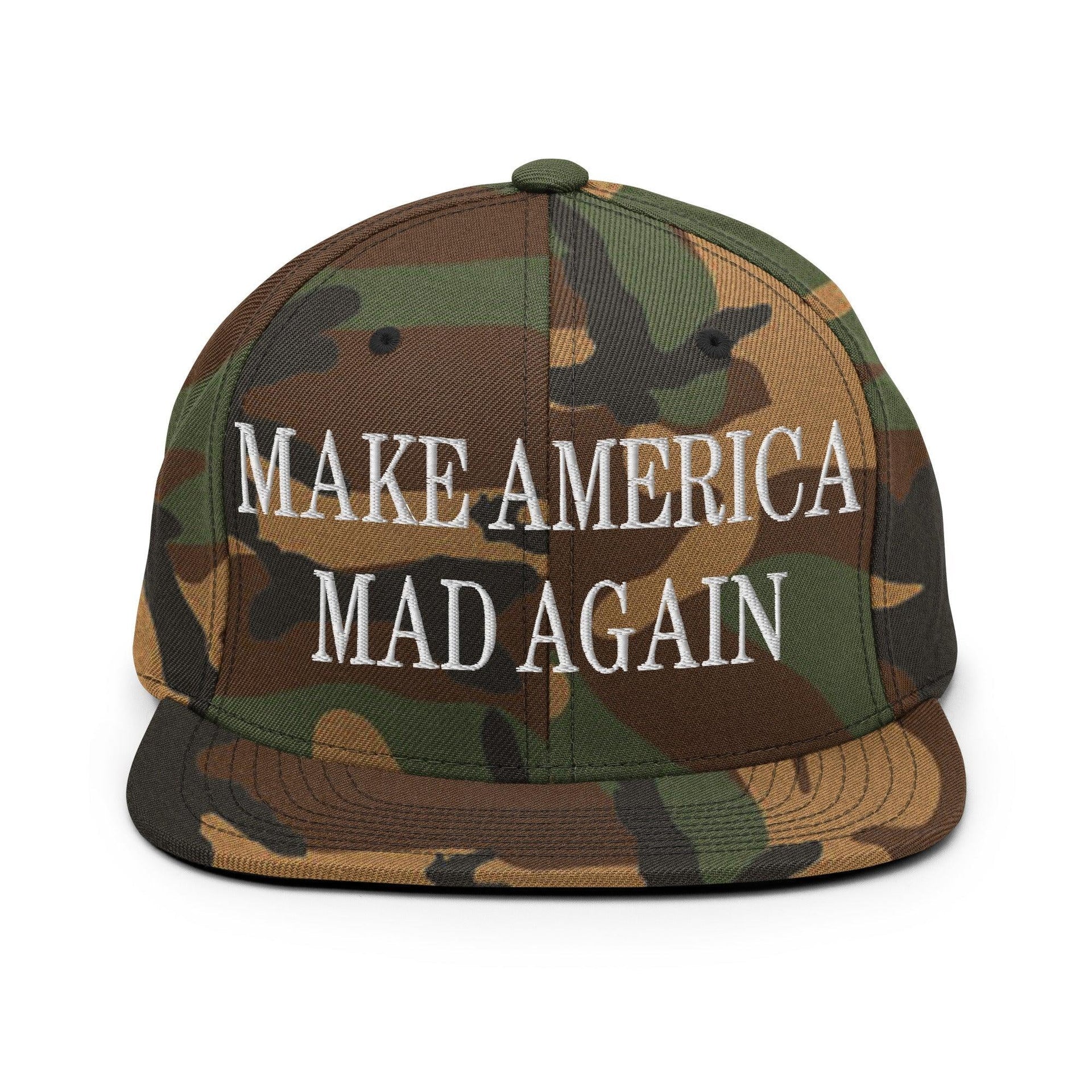 Make America Mad Again Embroidered Flat Bill Brim Snapback Hat Green Camo Capital Crowns LADs Make Again Snapback Hats
