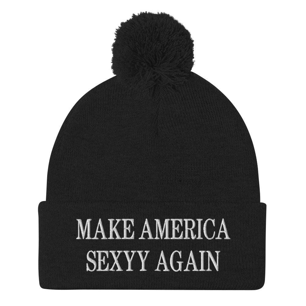 Make America Sexyy Again Embroidered Knit Pom Pom Beanie Black Beanies Capital Crowns LADs Make Again