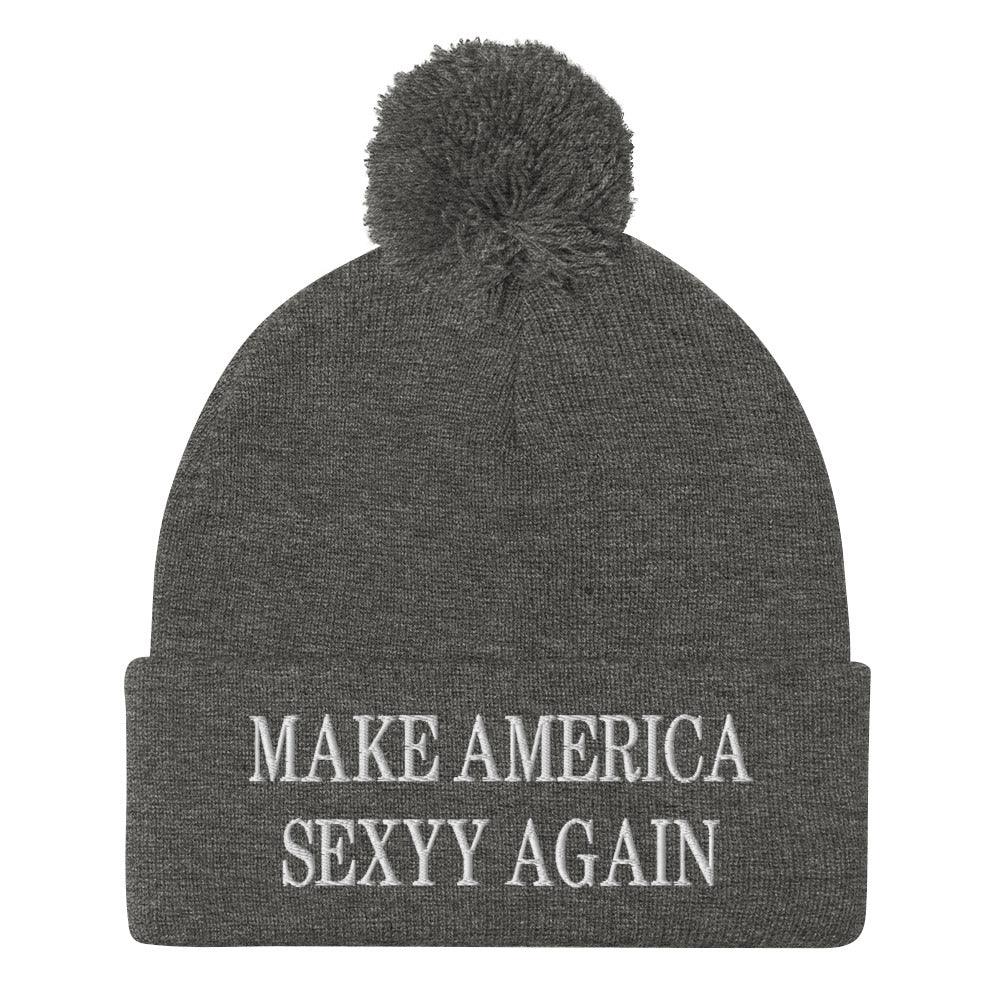 Make America Sexyy Again Embroidered Knit Pom Pom Beanie Dark Heather Grey Beanies Capital Crowns LADs Make Again