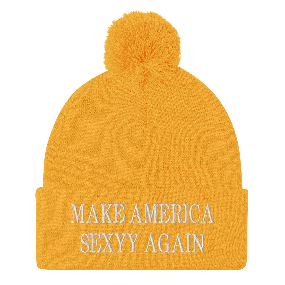 Make America Sexyy Again Embroidered Knit Pom Pom Beanie Gold Beanies Capital Crowns LADs Make Again