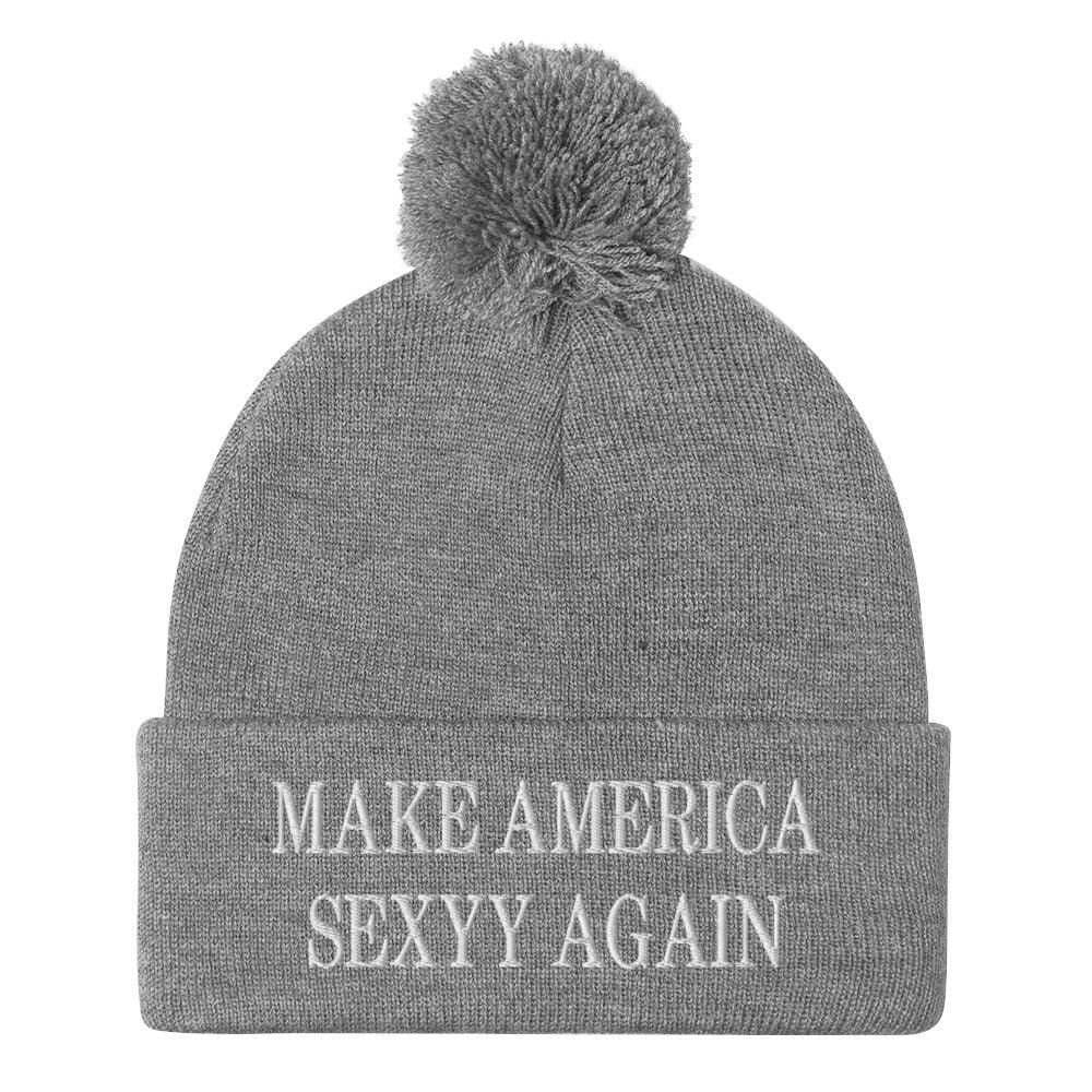 Make America Sexyy Again Embroidered Knit Pom Pom Beanie Heather Grey Beanies Capital Crowns LADs Make Again
