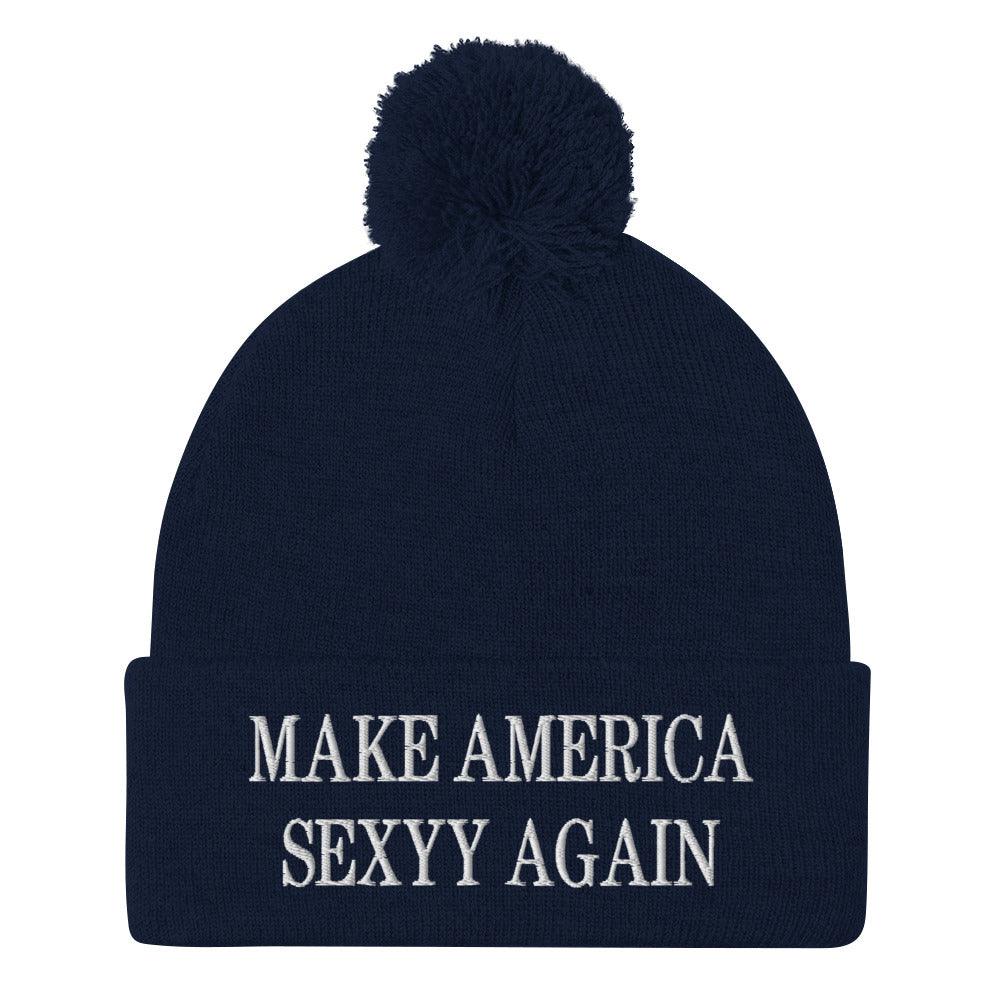 Make America Sexyy Again Embroidered Knit Pom Pom Beanie Navy Beanies Capital Crowns LADs Make Again