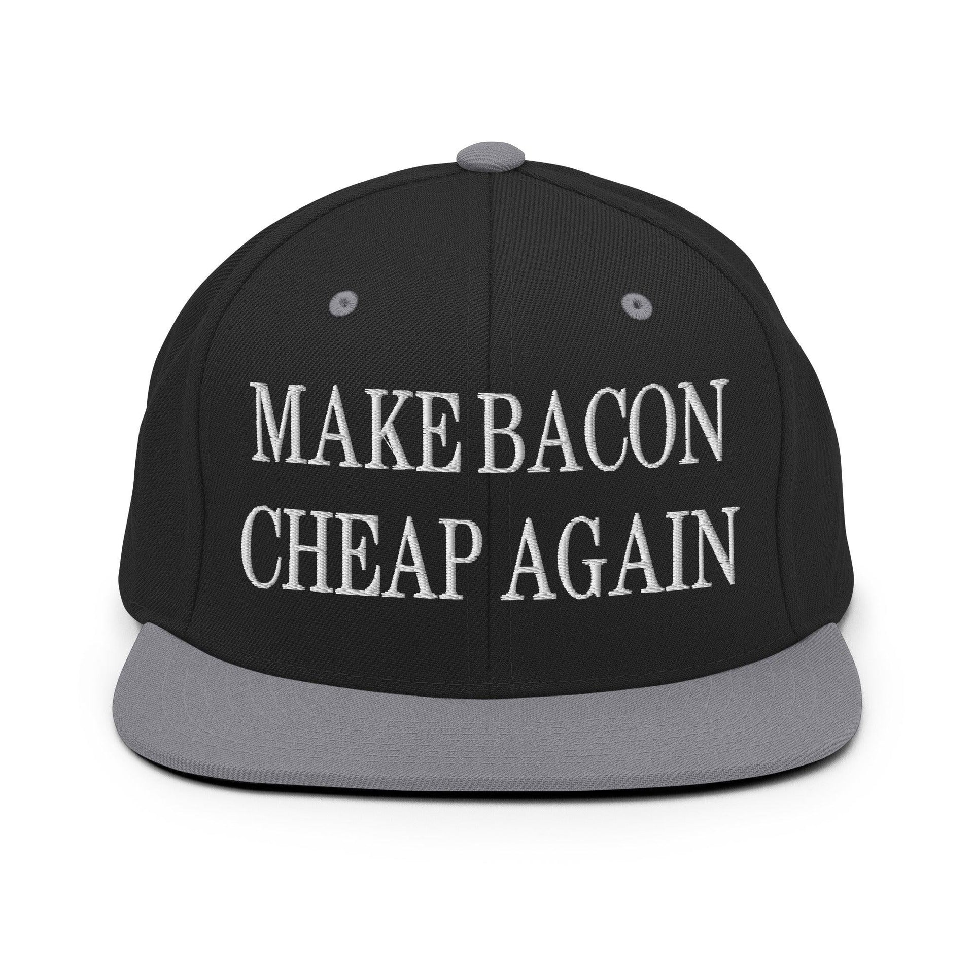 Make Bacon It Again Embroidered Flat Bill Brim Snapback Hat Black Silver Capital Crowns Make Again Snapback Hats