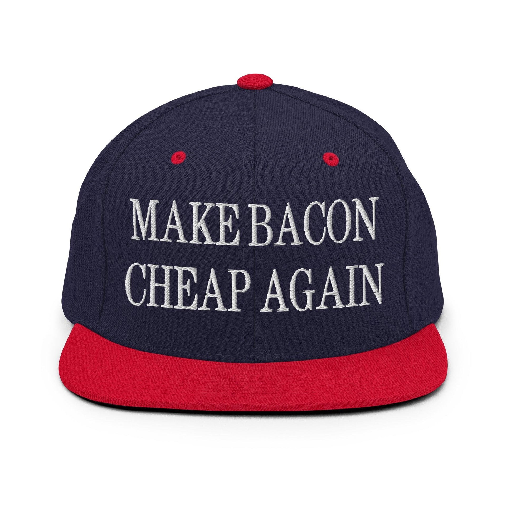 Make Bacon It Again Embroidered Flat Bill Brim Snapback Hat Navy Red Capital Crowns Make Again Snapback Hats