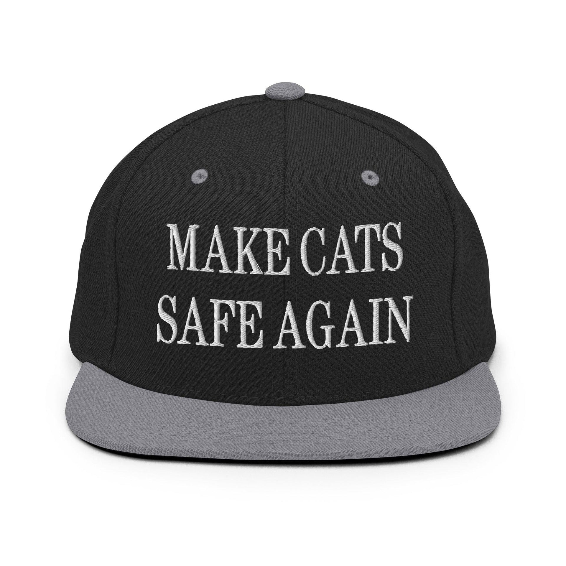 Make Cats Safe Again Embroidered Flat Bill Brim Snapback Hat Black Silver Capital Crowns Make Again Snapback Hats