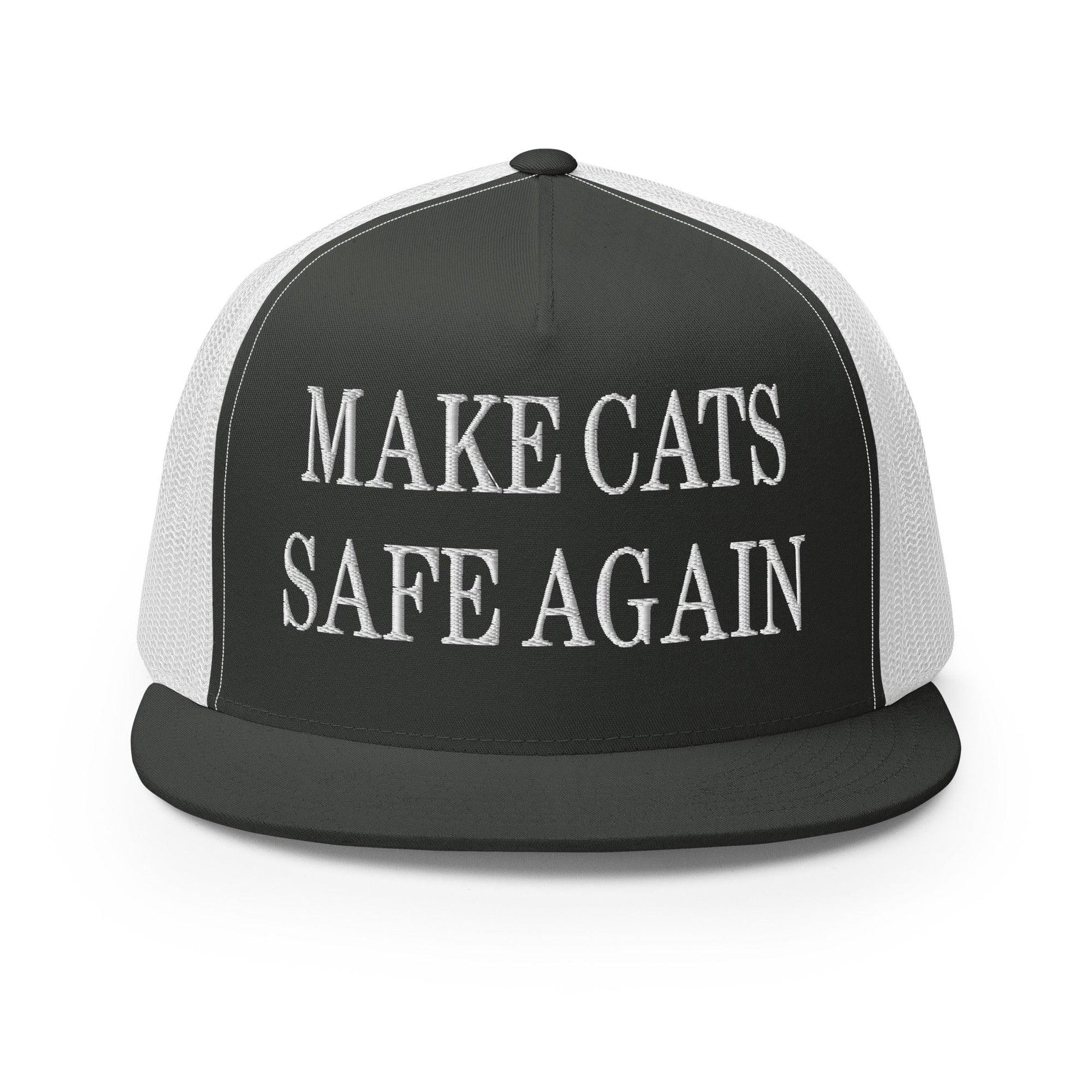 Make Cats Safe Again Embroidered Mesh Flat Bill Brim Trucker Hat Charcoal White Capital Crowns Make Again Trucker Hats