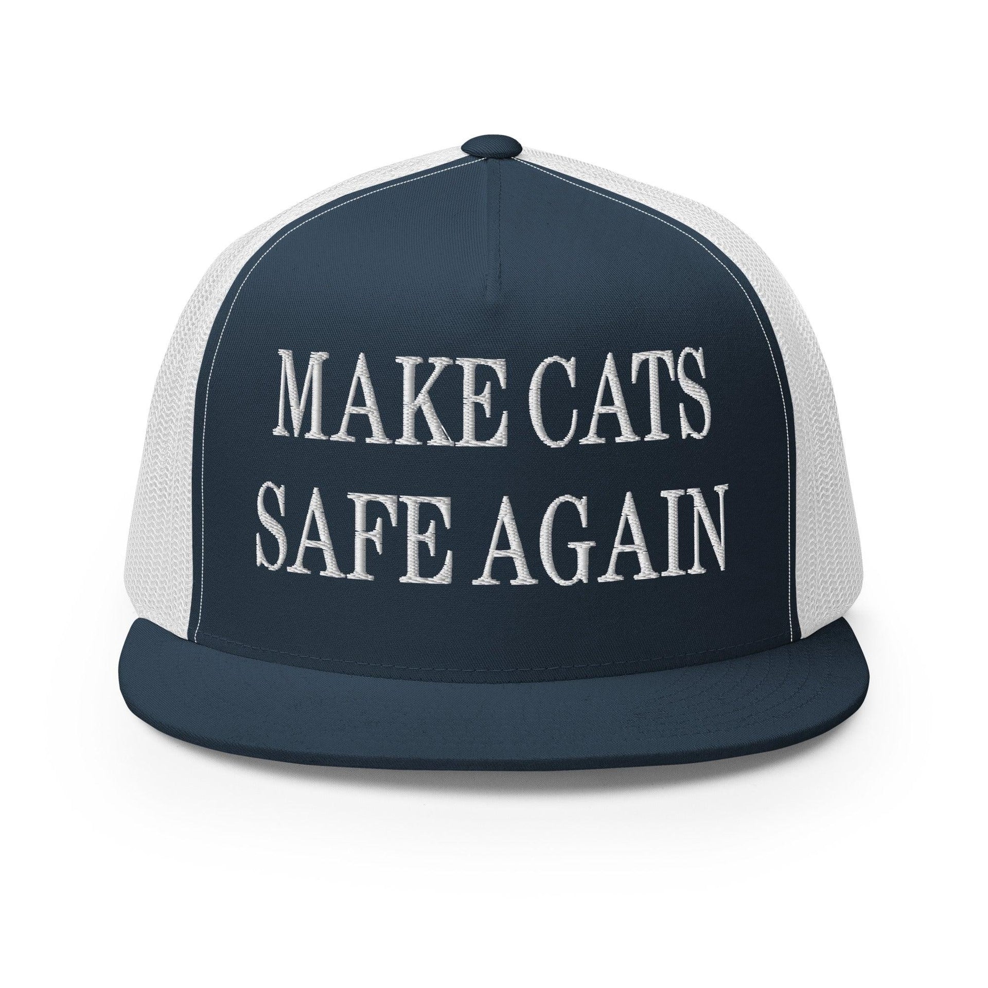 Make Cats Safe Again Embroidered Mesh Flat Bill Brim Trucker Hat Navy White Capital Crowns Make Again Trucker Hats