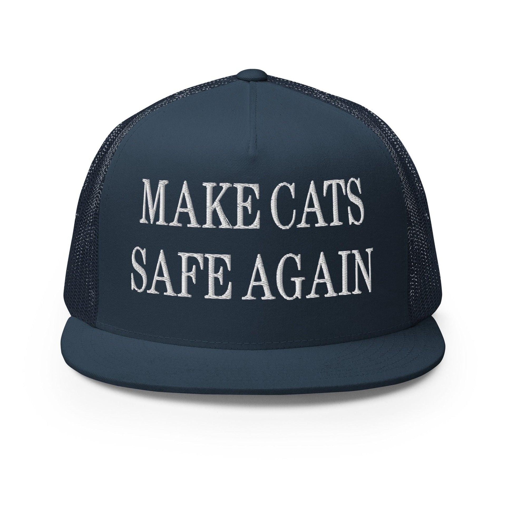 Make Cats Safe Again Embroidered Mesh Flat Bill Brim Trucker Hat Navy Capital Crowns Make Again Trucker Hats