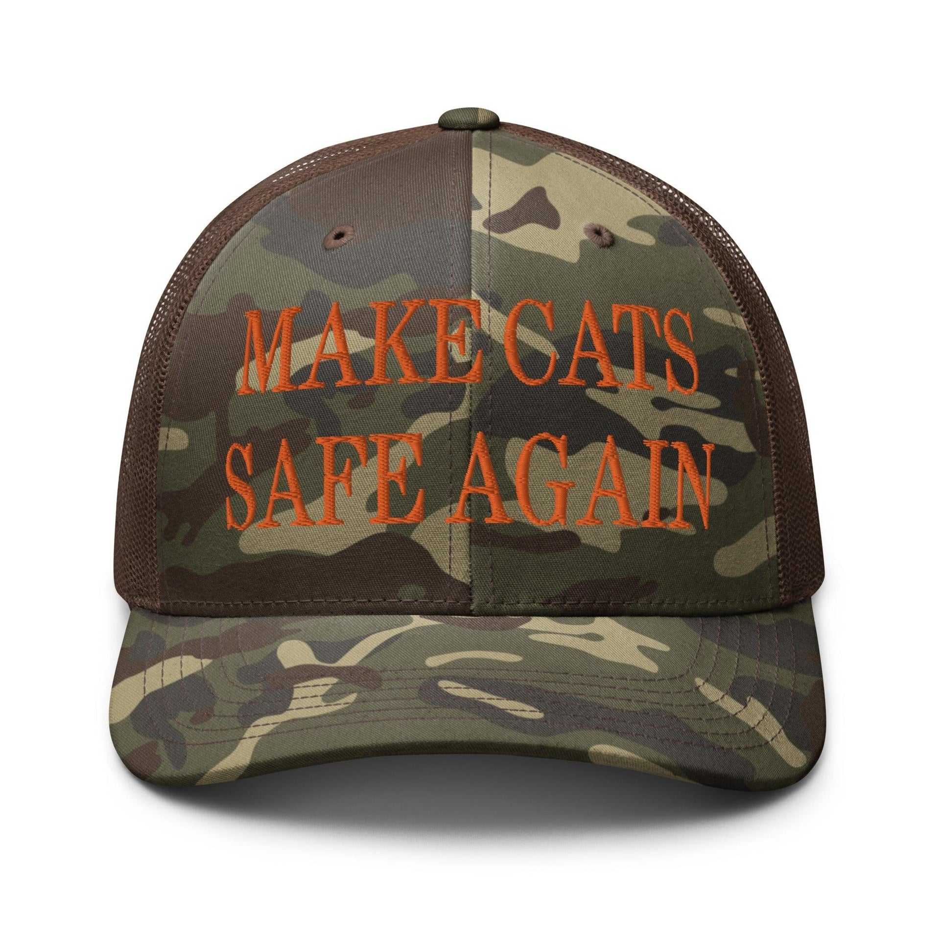 Make Cats Safe Again Embroidered Orange Camo Trucker Hat Camo Brown Capital Crowns Make Again Orange Camo Trucker Hats