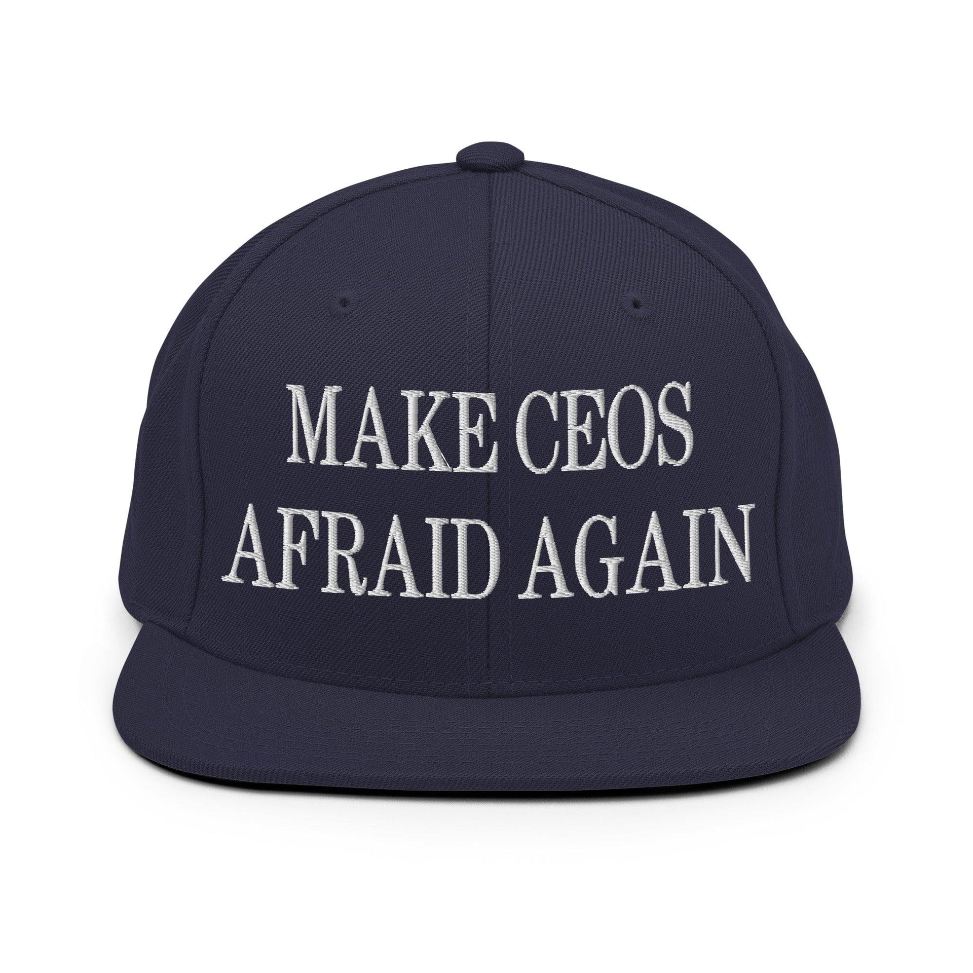 Make CEOs Afraid Again Embroidered Flat Bill Brim Snapback Hat Navy Capital Crowns LADs Make Again Snapback Hats