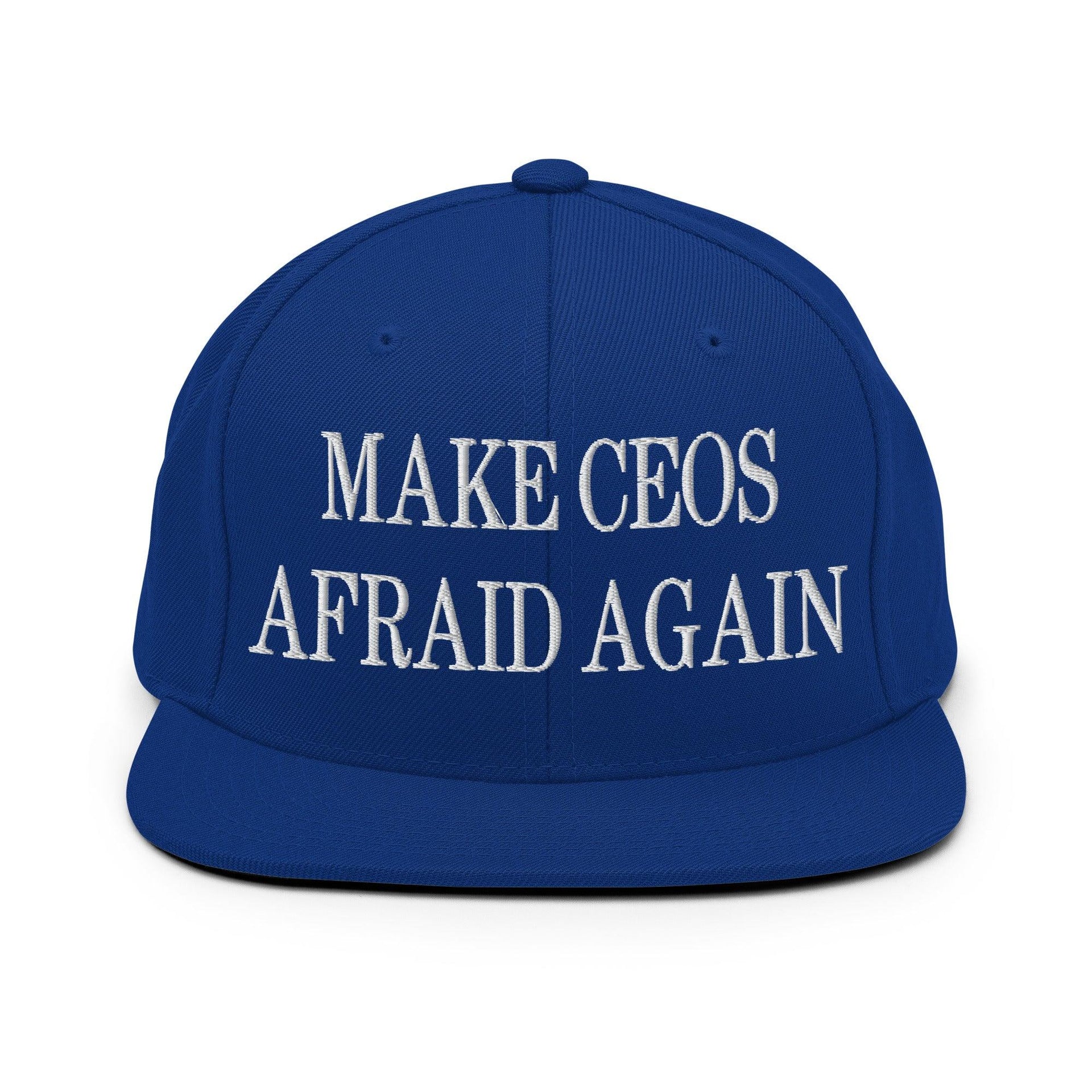 Make CEOs Afraid Again Embroidered Flat Bill Brim Snapback Hat Royal Blue Capital Crowns LADs Make Again Snapback Hats