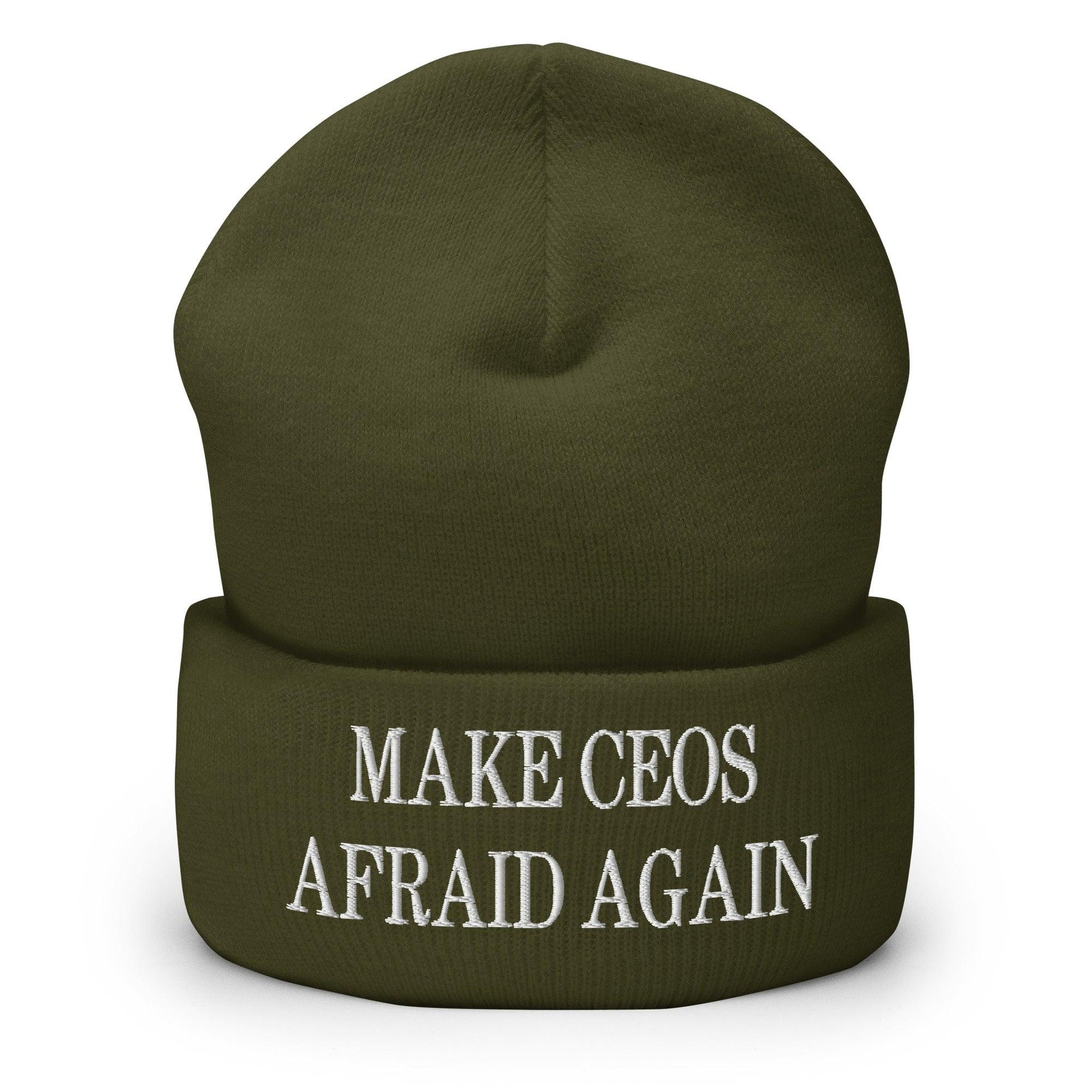 Make CEOs Afraid Again Embroidered Knit Cuffed Beanie Olive Beanies Capital Crowns LADs Make Again