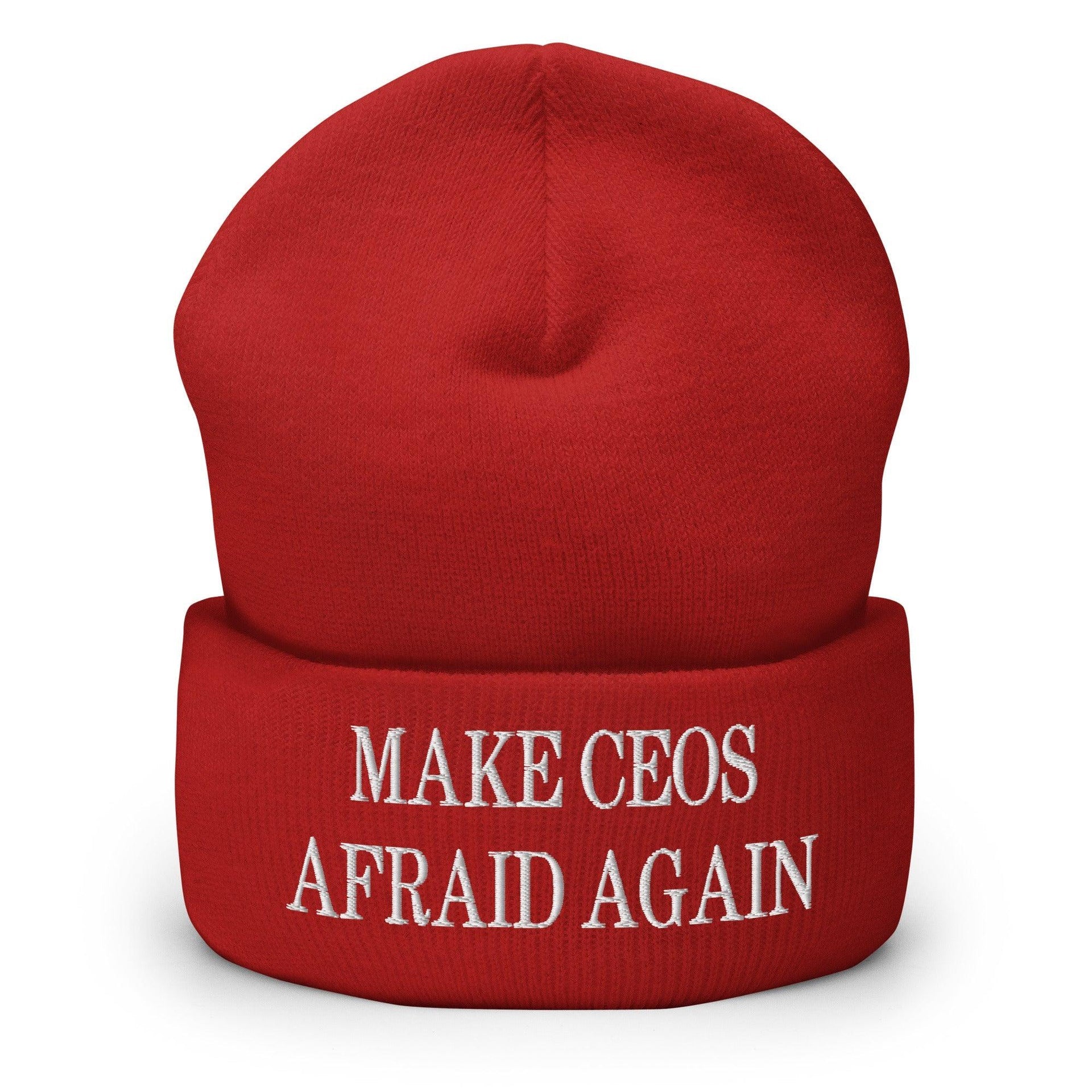 Make CEOs Afraid Again Embroidered Knit Cuffed Beanie Red Beanies Capital Crowns LADs Make Again