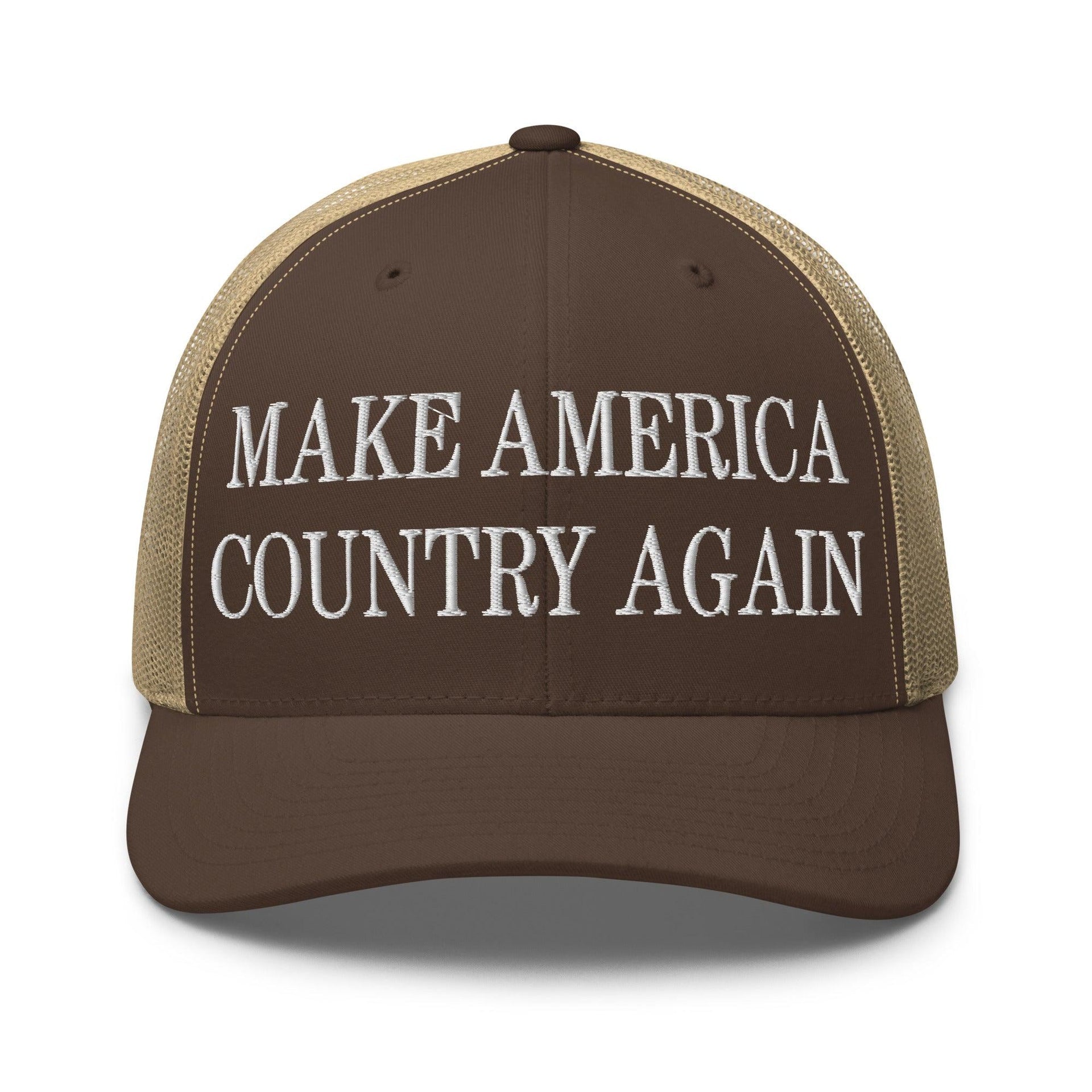 Make Us Country Again Embroidered Mesh Trucker Hat Brown Khaki Capital Crowns Make Again Trucker Hats