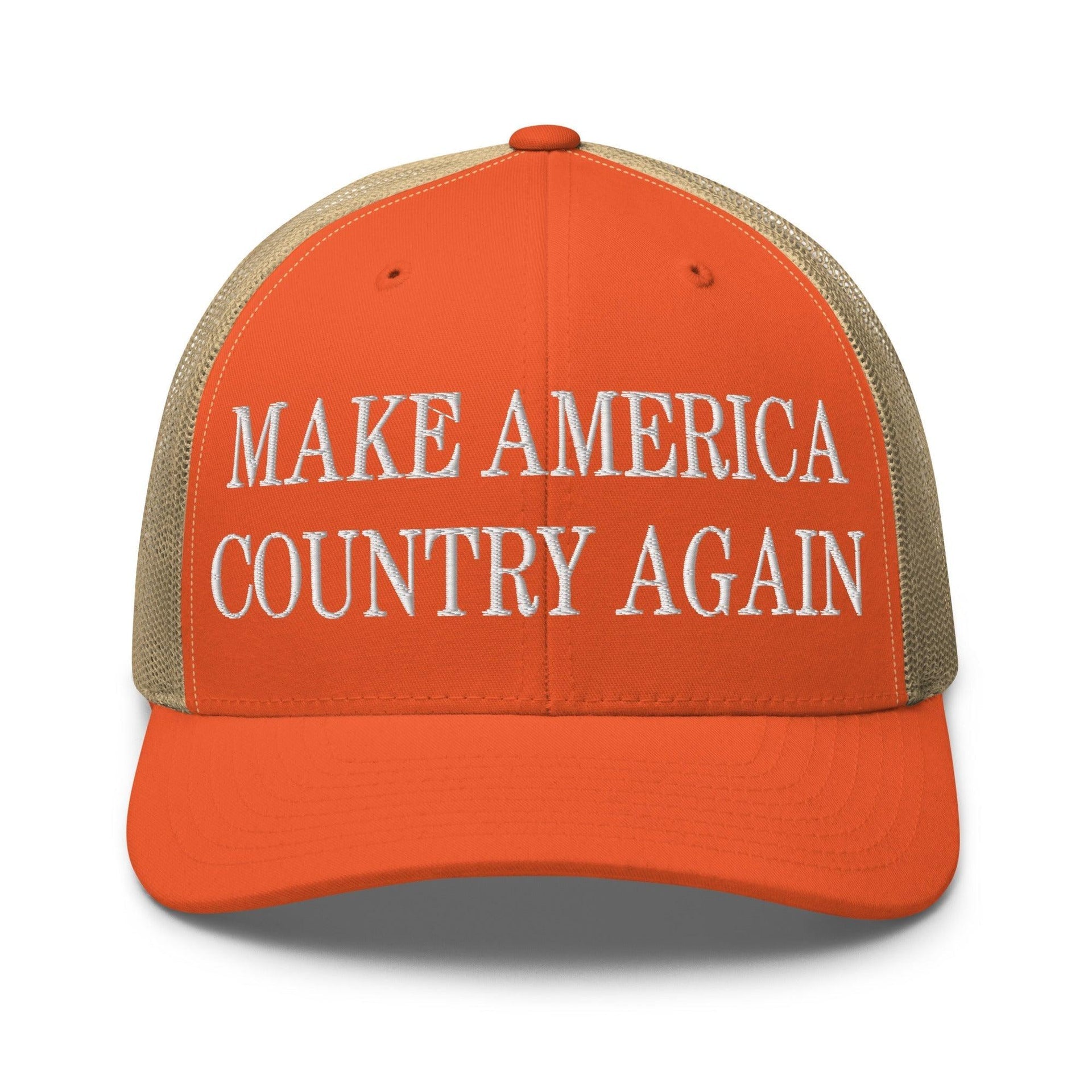 Make Us Country Again Embroidered Mesh Trucker Hat Rustic Orange Khaki Capital Crowns Make Again Trucker Hats