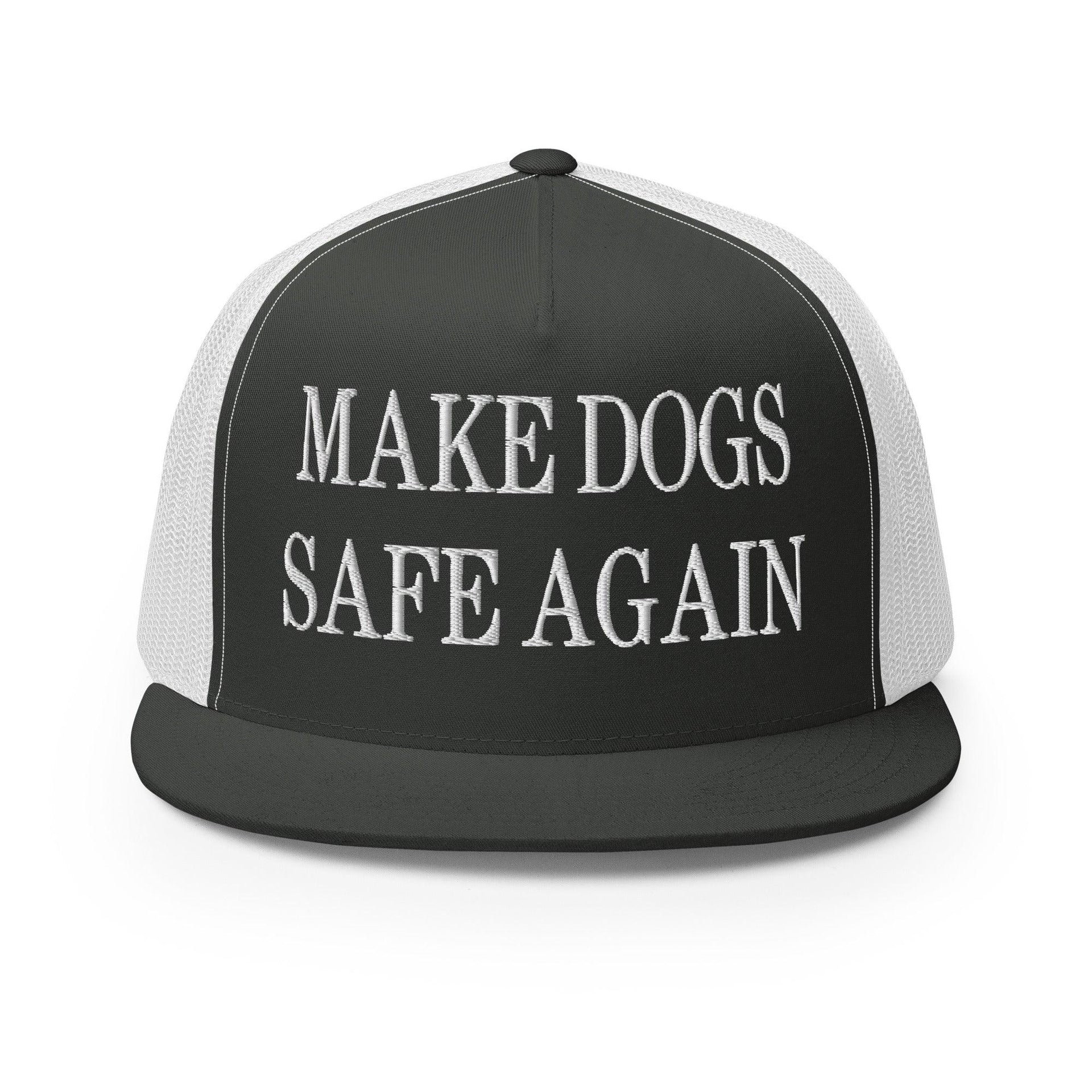Make Dogs Safe Again Embroidered Mesh Flat Bill Brim Trucker Hat Charcoal White Capital Crowns Make Again Trucker Hats