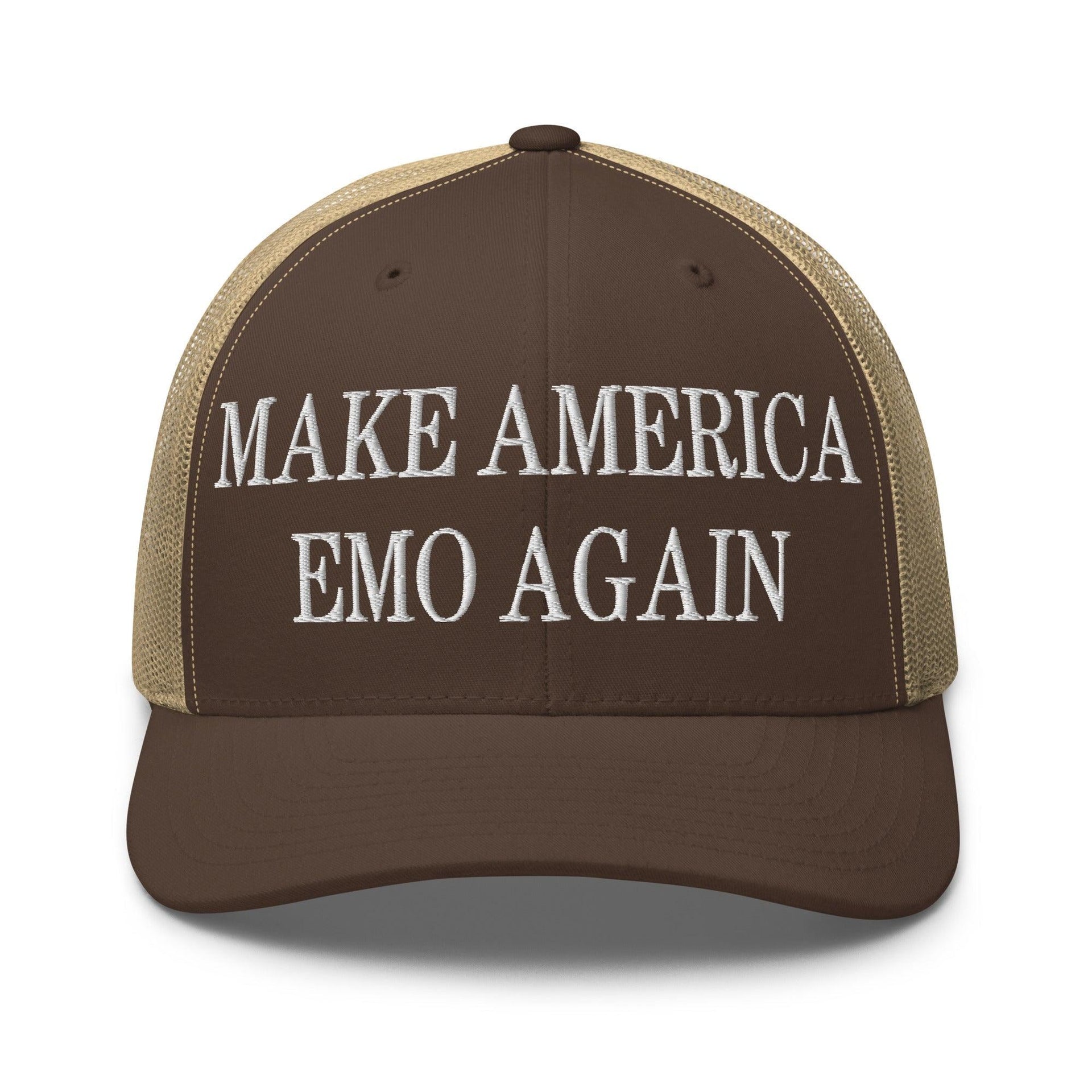 Make Us Emo Again Embroidered Mesh Trucker Hat Brown Khaki Capital Crowns Make Again Trucker Hats