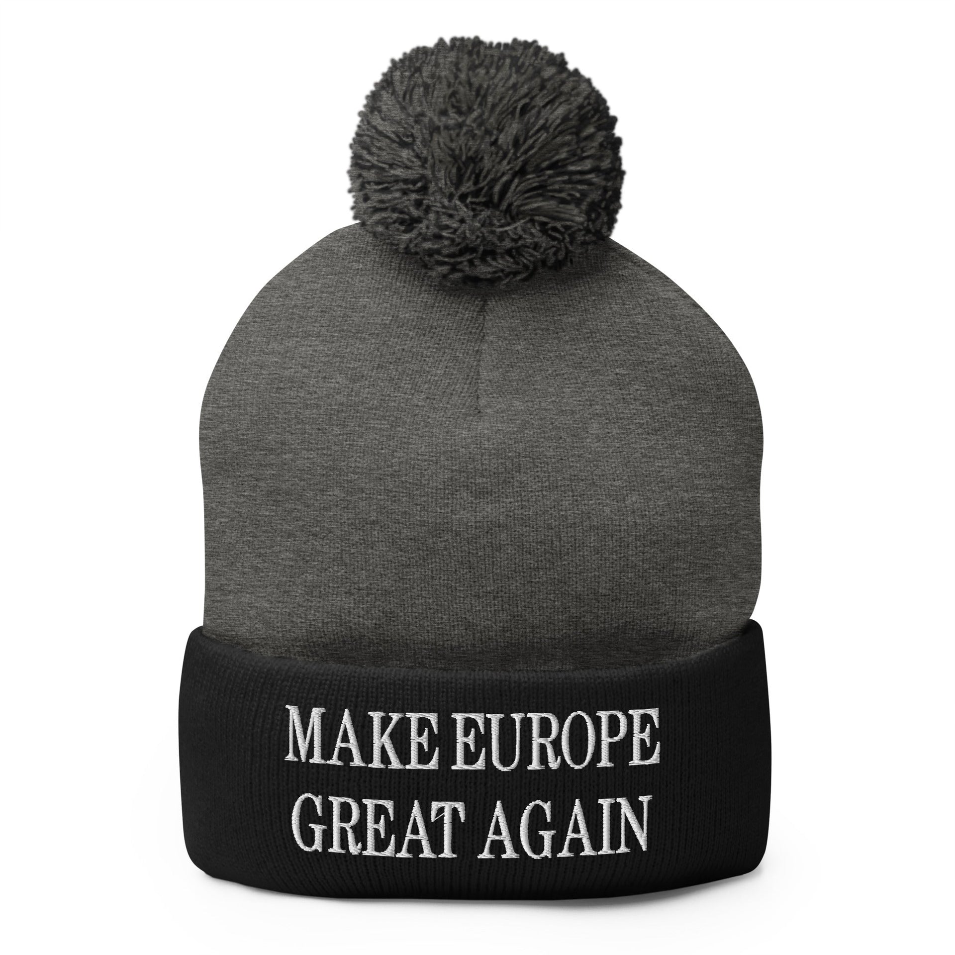 Make Europe Great Again Embroidered Knit Pom Pom Beanie Dark Heather Grey Black Beanies Capital Crowns LADs Make Again