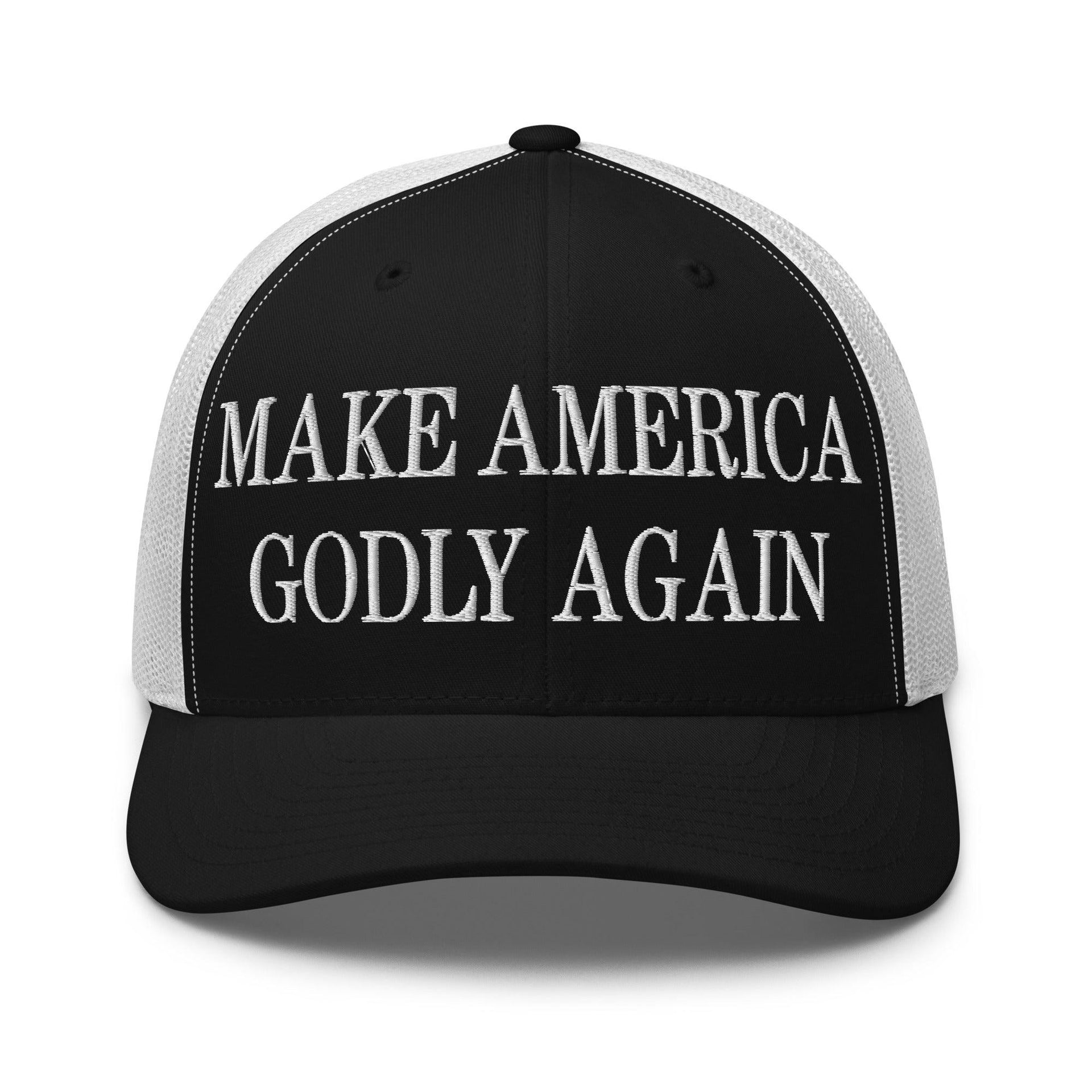 Make Us Godly Again Embroidered Mesh Trucker Hat Black White Capital Crowns Make Again Trucker Hats