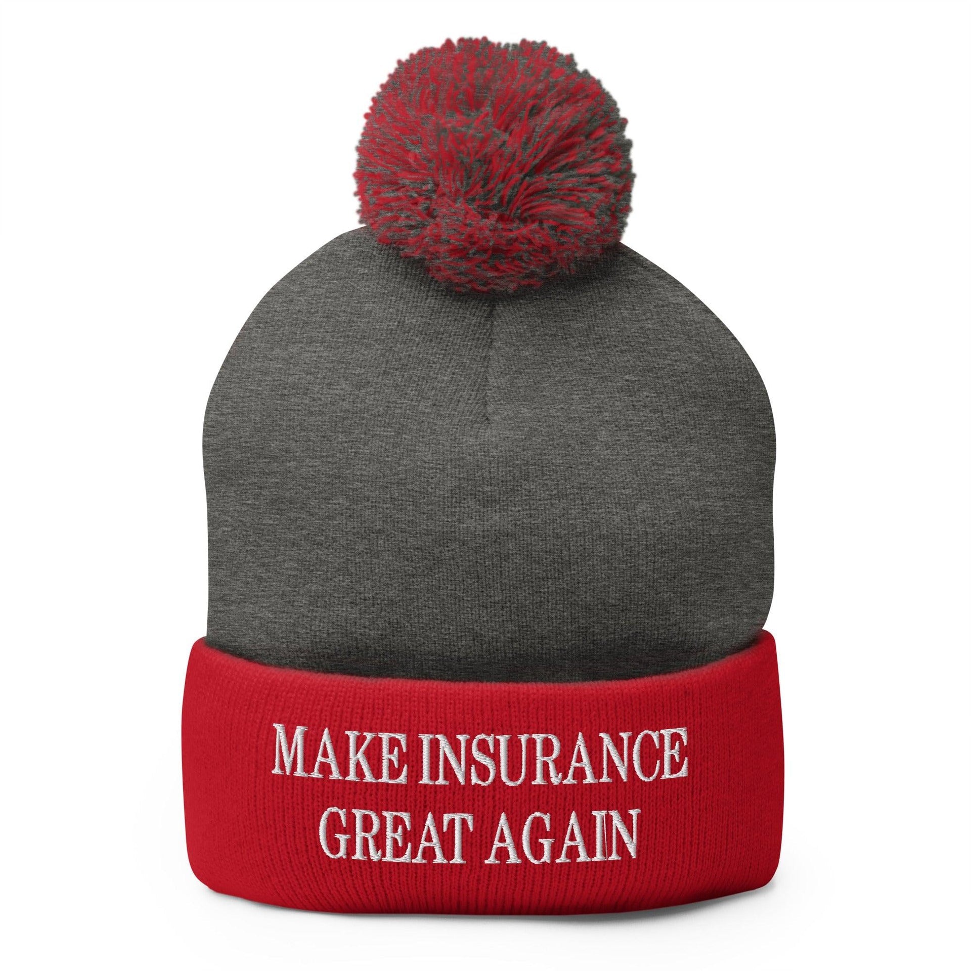 Make It Great Again Embroidered Knit Pom Pom Beanie Dark Heather Grey Red Beanies Capital Crowns Make Again
