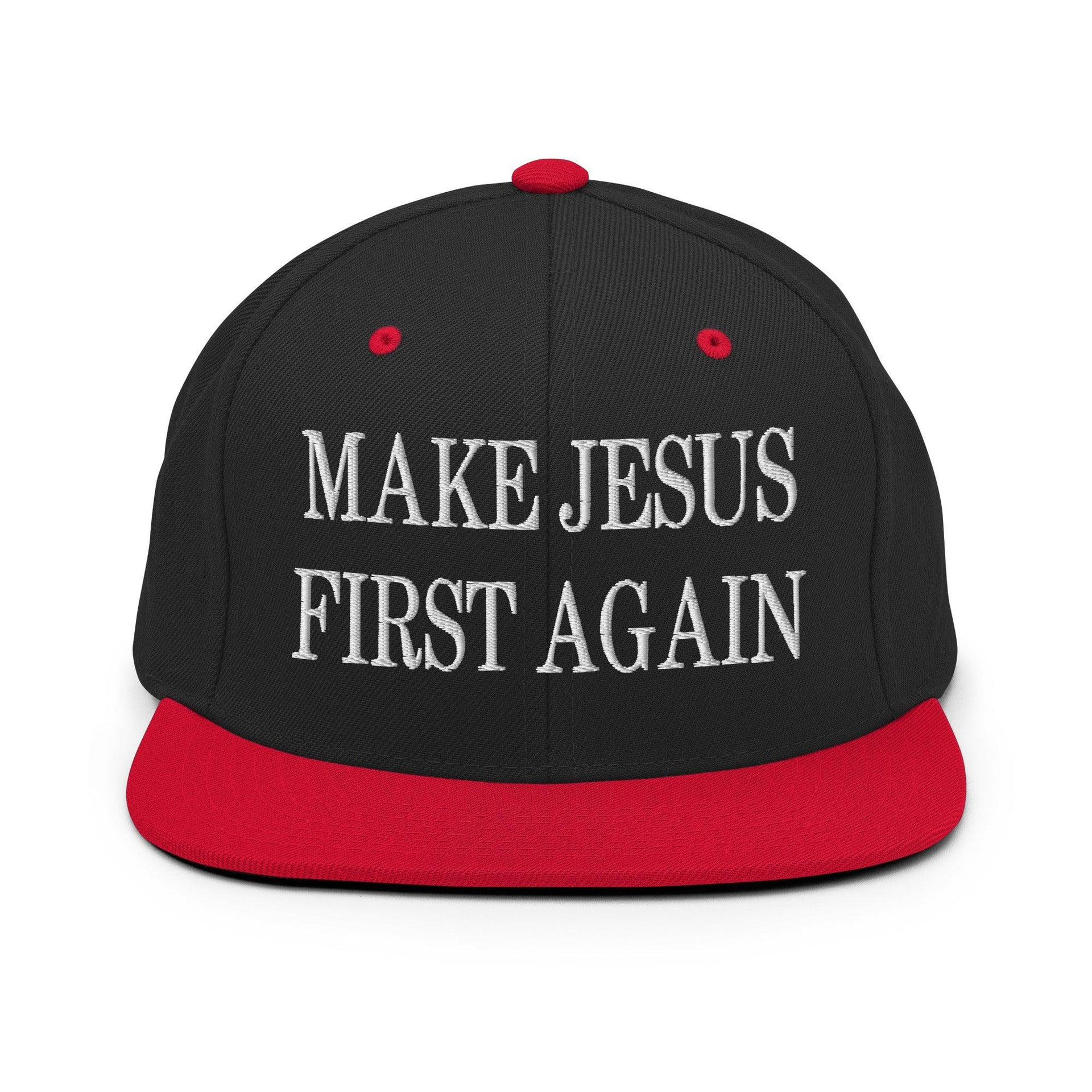 Make Jesus First Again Embroidered Flat Bill Brim Snapback Hat Black Red Capital Crowns LADs Religious Snapback Hats