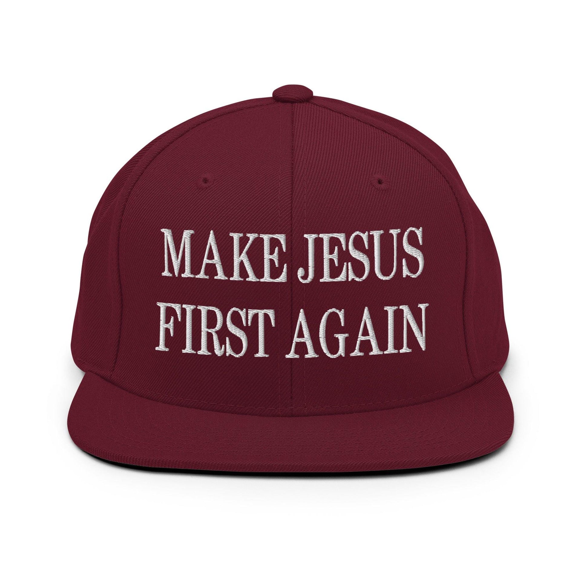 Make Jesus First Again Embroidered Flat Bill Brim Snapback Hat Maroon Capital Crowns LADs Religious Snapback Hats