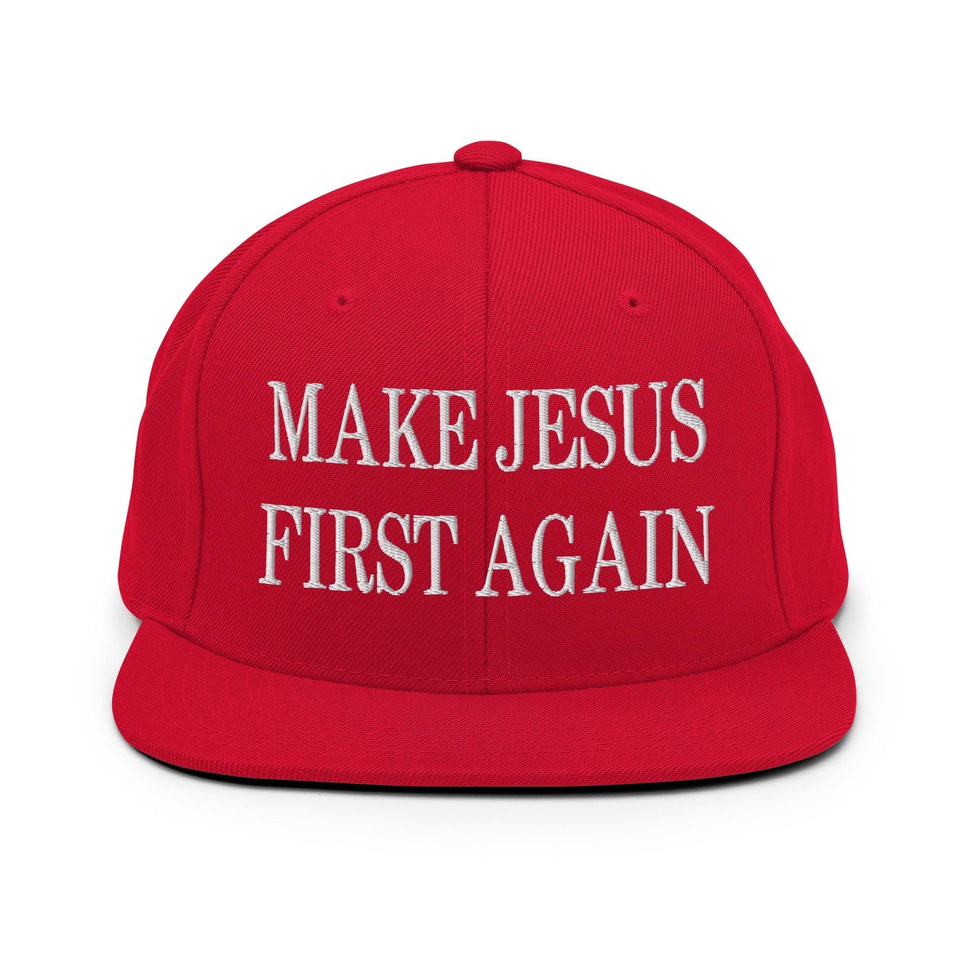 Make Jesus First Again Embroidered Flat Bill Brim Snapback Hat Red Capital Crowns LADs Religious Snapback Hats