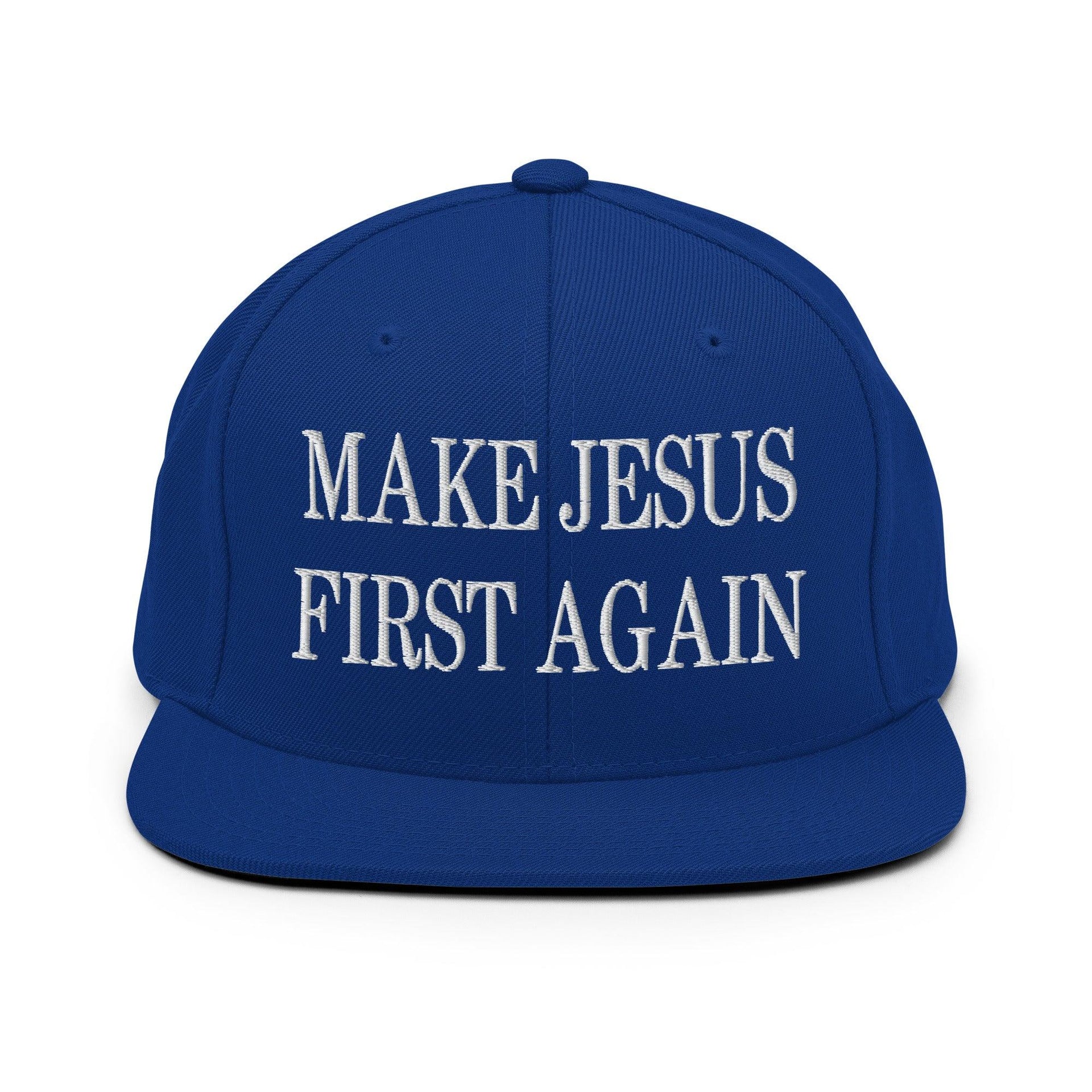 Make Jesus First Again Embroidered Flat Bill Brim Snapback Hat Royal Blue Capital Crowns LADs Religious Snapback Hats