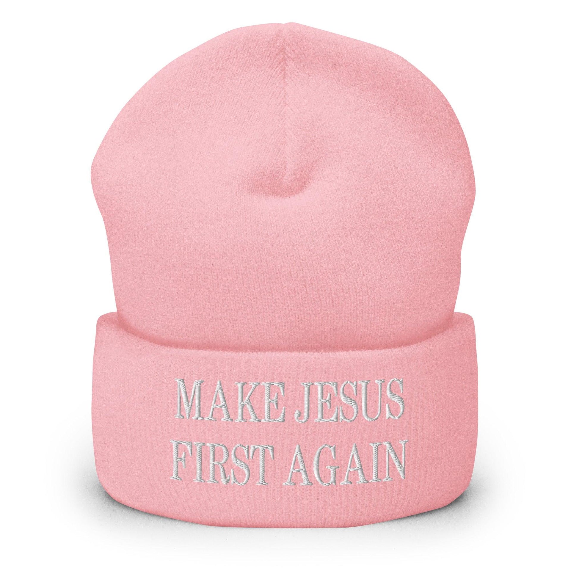 Make Jesus First Again Embroidered Knit Cuffed Beanie Baby Pink Beanies Capital Crowns Religious
