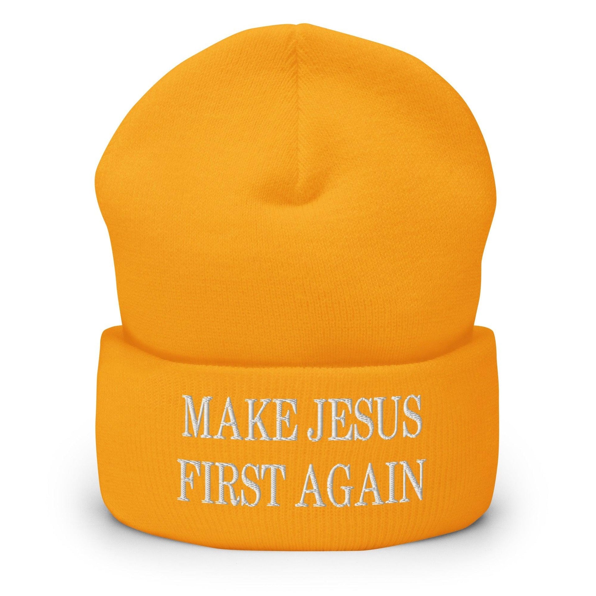 Make Jesus First Again Embroidered Knit Cuffed Beanie Gold Beanies Capital Crowns Religious